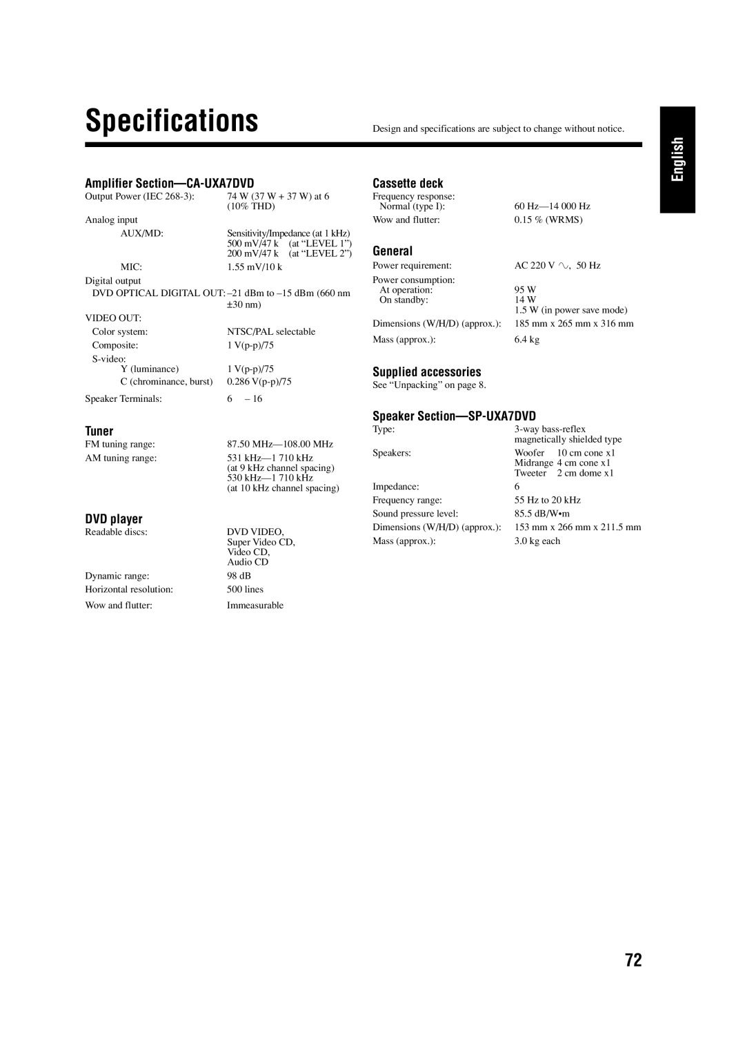 JVC 0303MWMMDWJEM, LVT0954-010A manual Specifications 