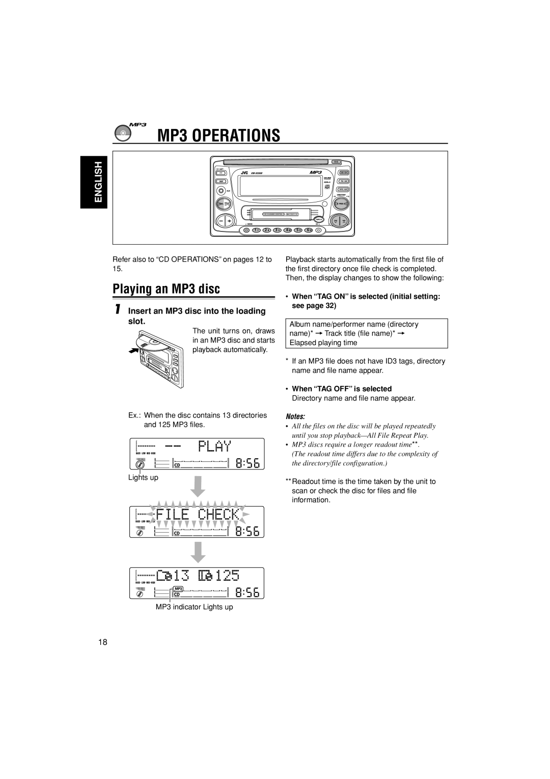 JVC LVT0995-001A, KW-XC838 manual MP3 Operations, Playing an MP3 disc, Insert an MP3 disc into the loading slot 