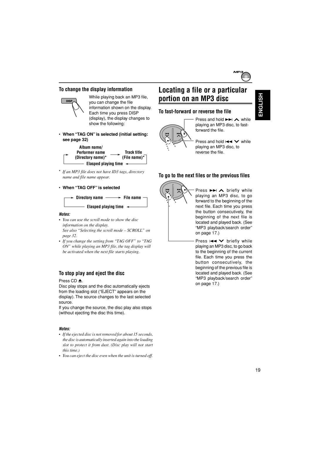 JVC KW-XC838 manual To change the display information, To stop play and eject the disc, To fast-forward or reverse the file 