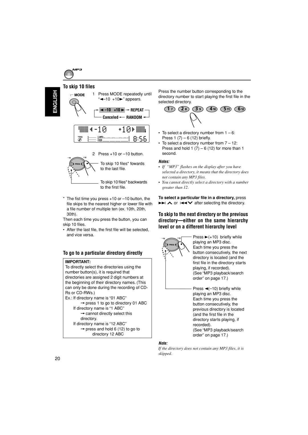 JVC LVT0995-001A, KW-XC838 To skip 10 files, To go to a particular directory directly, 10 +10 3 Repeat Canceled Random 