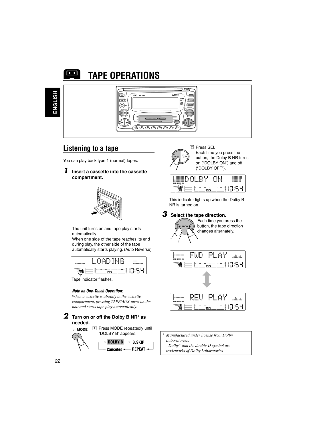 JVC LVT0995-001A, KW-XC838 manual Tape Operations, Listening to a tape, Insert a cassette into the cassette compartment 