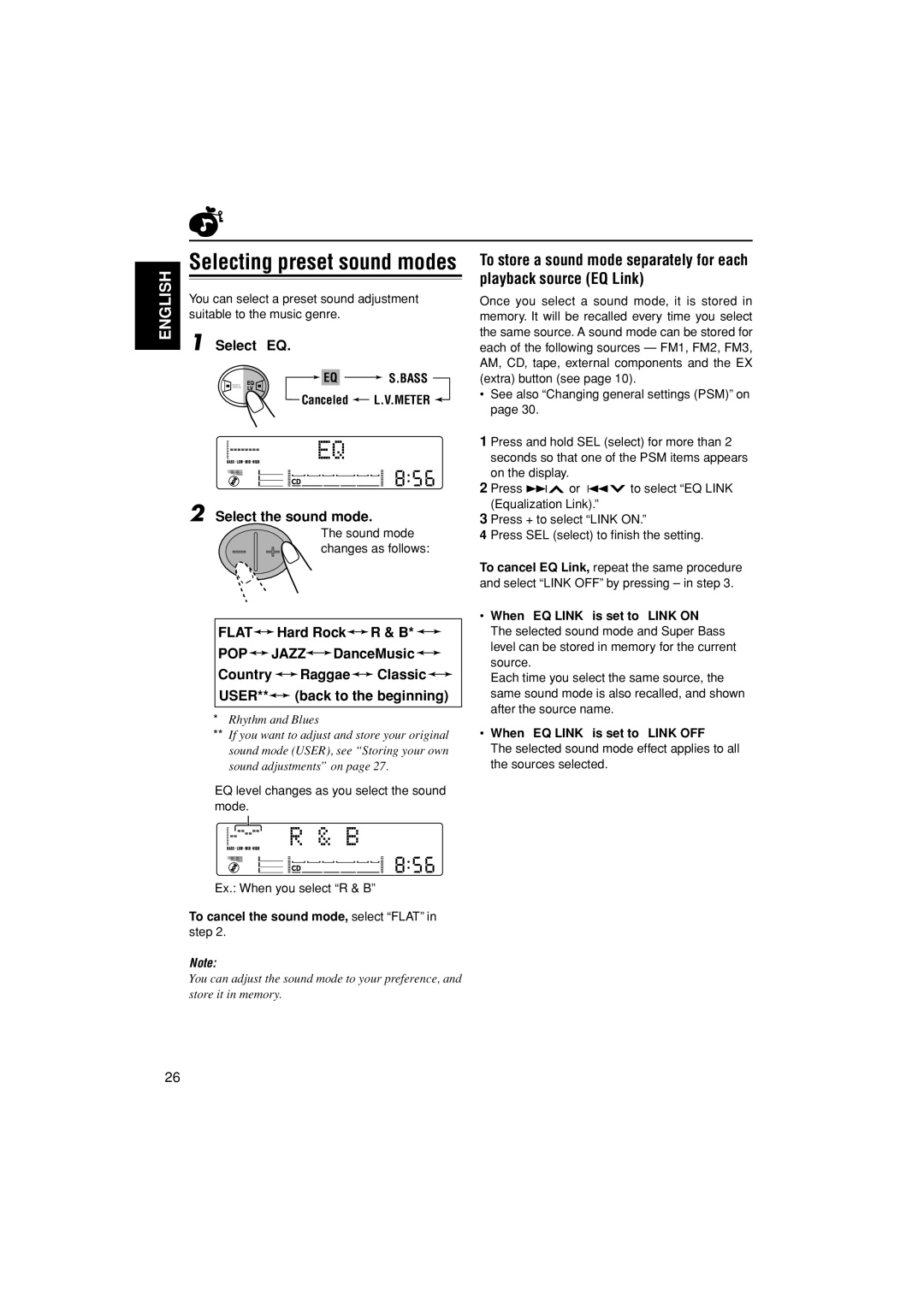 JVC LVT0995-001A Selecting preset sound modes, Select EQ, Select the sound mode, To cancel the sound mode, select Flat 