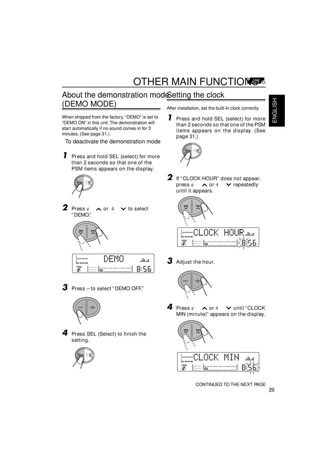 JVC KW-XC838, LVT0995-001A manual Other Main Functions, About the demonstration mode Setting the clock Demo Mode 