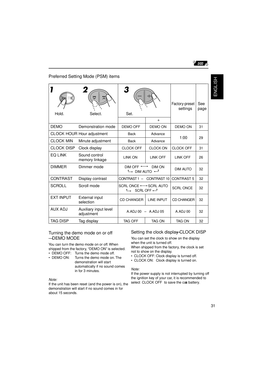 JVC KW-XC838 manual Preferred Setting Mode PSM items, Turning the demo mode on or off, Setting the clock display Clock Disp 