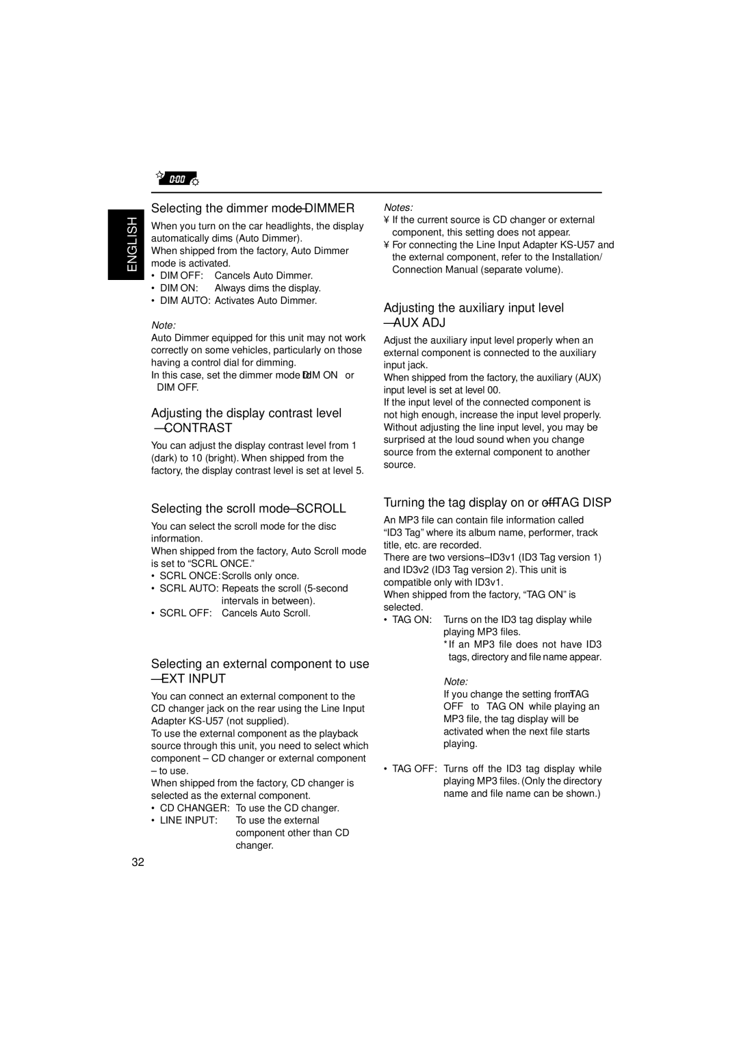 JVC LVT0995-001A Selecting the dimmer mode Dimmer, Adjusting the display contrast level, Selecting the scroll mode Scroll 