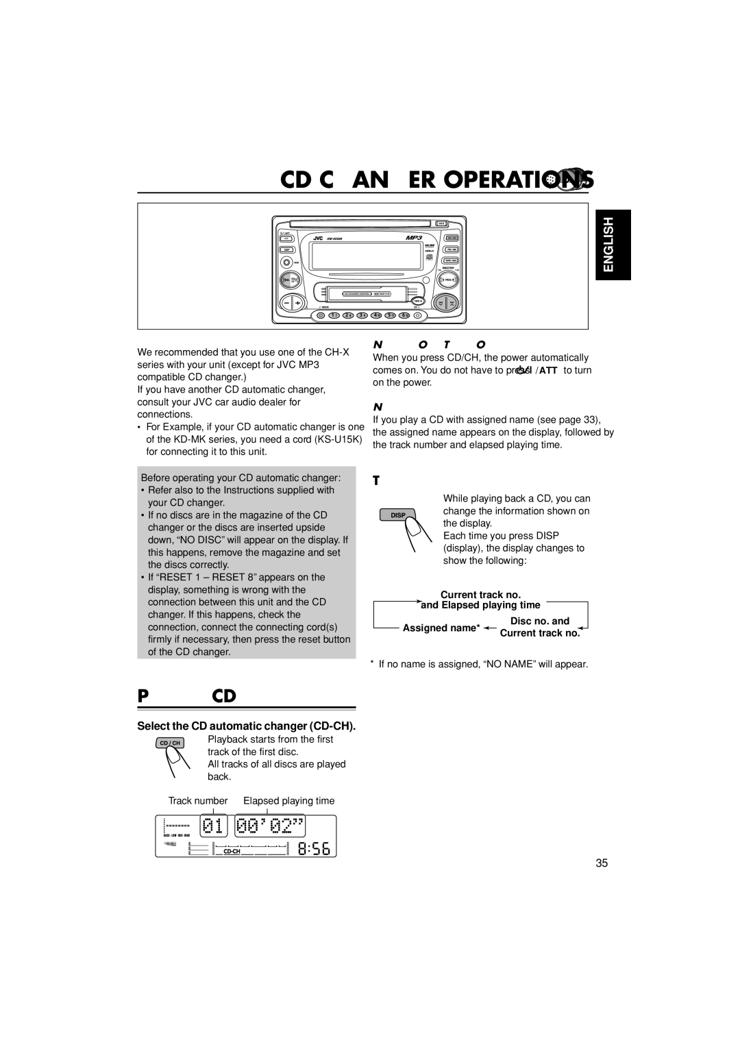 JVC KW-XC838, LVT0995-001A manual CD Changer Operations, Playing CDs, Select the CD automatic changer CD-CH 