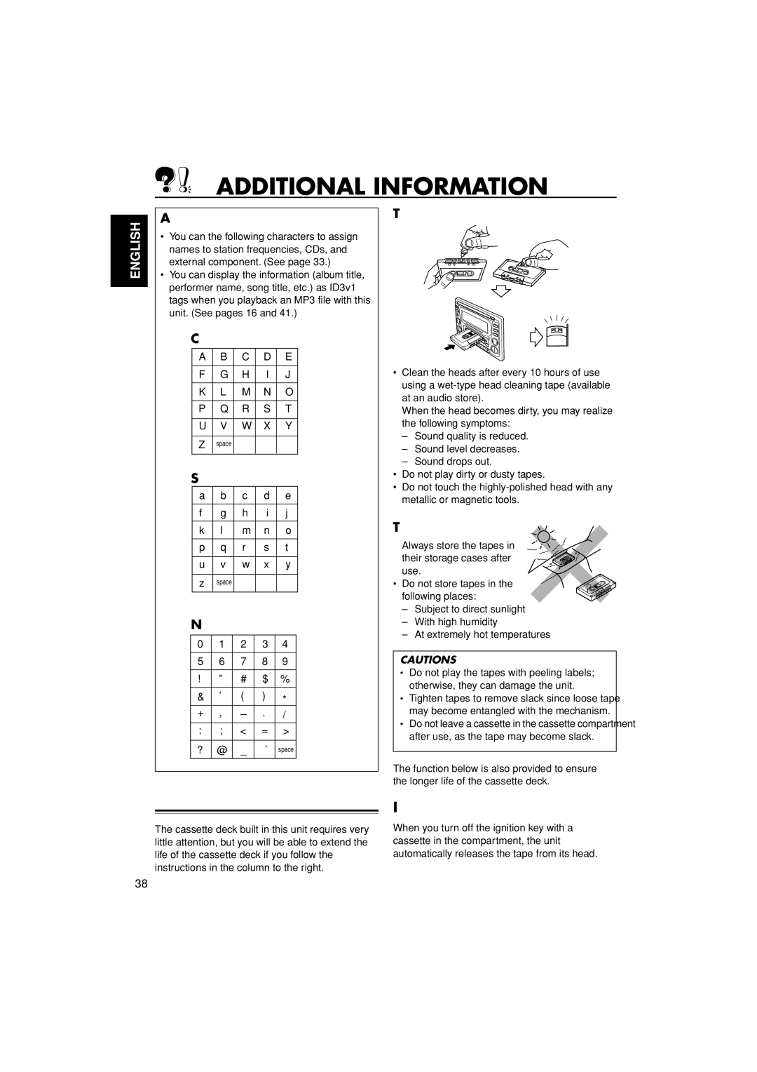 JVC LVT0995-001A, KW-XC838 manual Additional Information, Handling cassettes, Ignition key-off release 