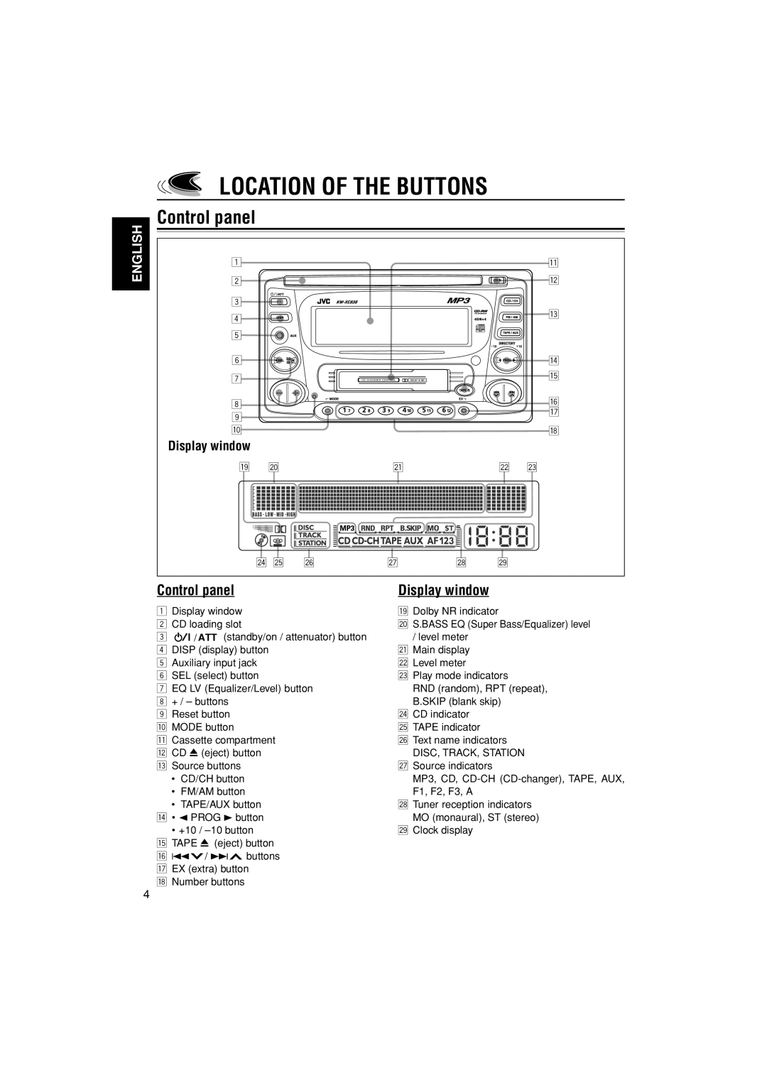 JVC LVT0995-001A, KW-XC838 manual Location of the Buttons, Control panel, Display window 