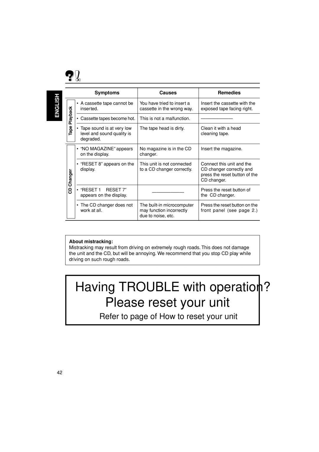 JVC LVT0995-001A, KW-XC838 manual About mistracking, Playback, Tape, CDChanger 