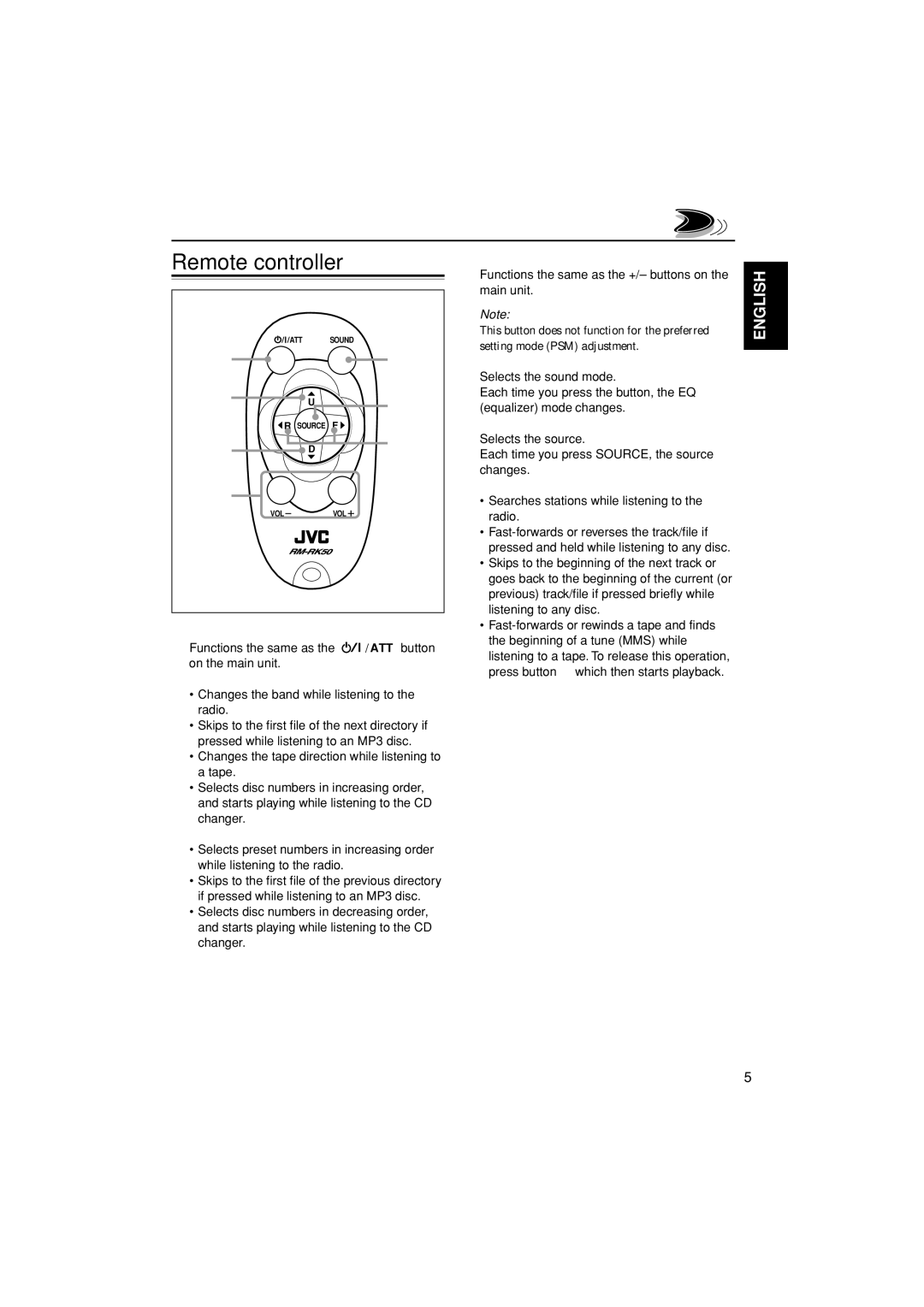 JVC KW-XC838, LVT0995-001A manual Remote controller 