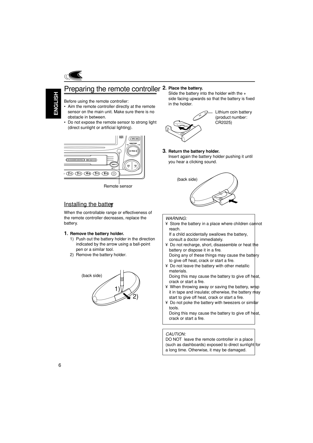 JVC LVT0995-001A Preparing the remote controller, Installing the battery, Place the battery, Return the battery holder 