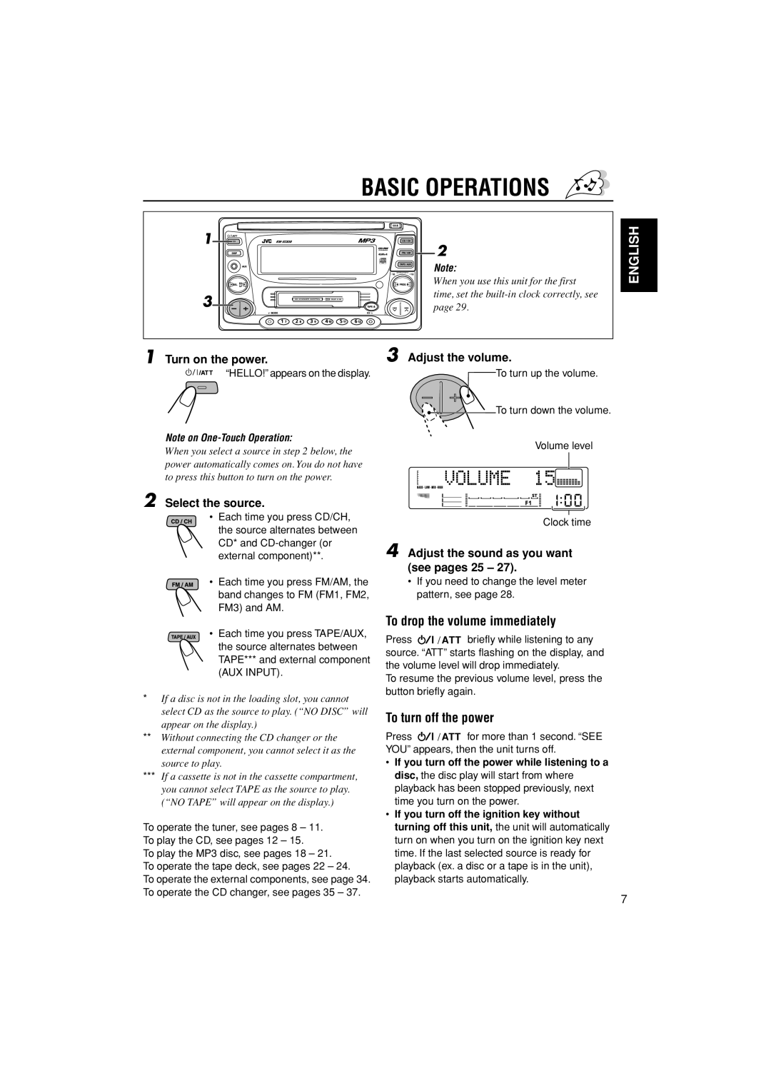 JVC KW-XC838, LVT0995-001A manual Basic Operations, To drop the volume immediately, To turn off the power 