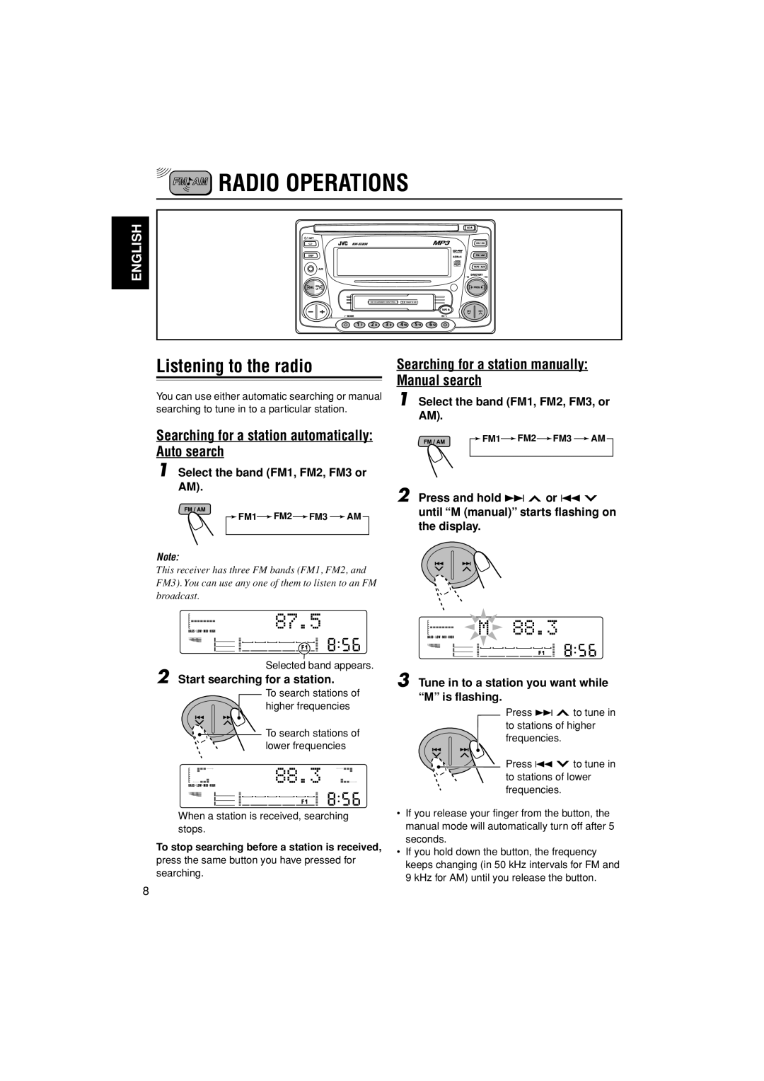 JVC LVT0995-001A, KW-XC838 Radio Operations, Listening to the radio, Searching for a station automatically Auto search 