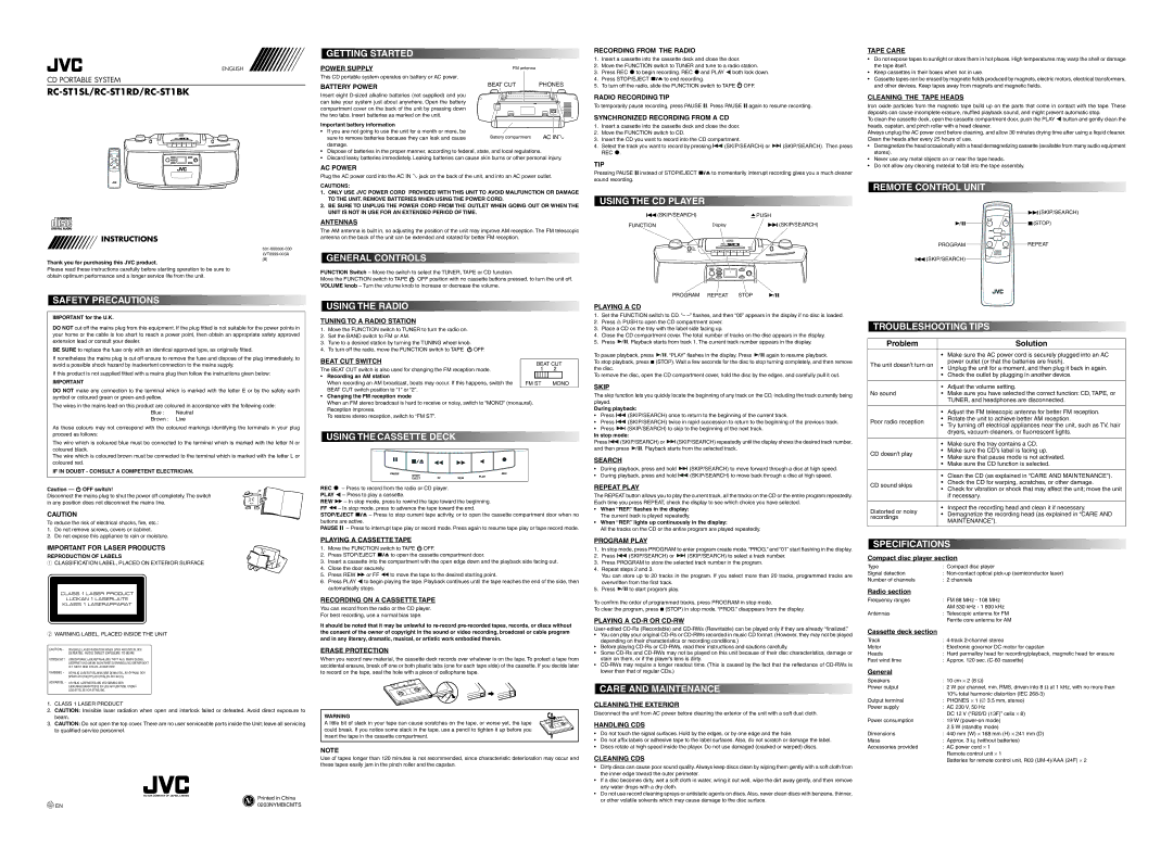 JVC 601-600000-030 specifications Getting Started, Using the CD Player, Remote Control Unit, General Controls 