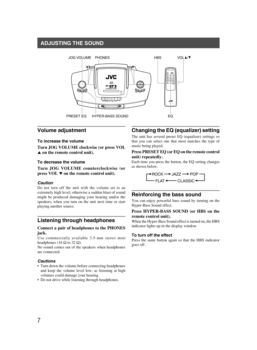 JVC LVT1000-004A Adjusting the Sound, Volume adjustment, Listening through headphones, Changing the EQ equalizer setting 