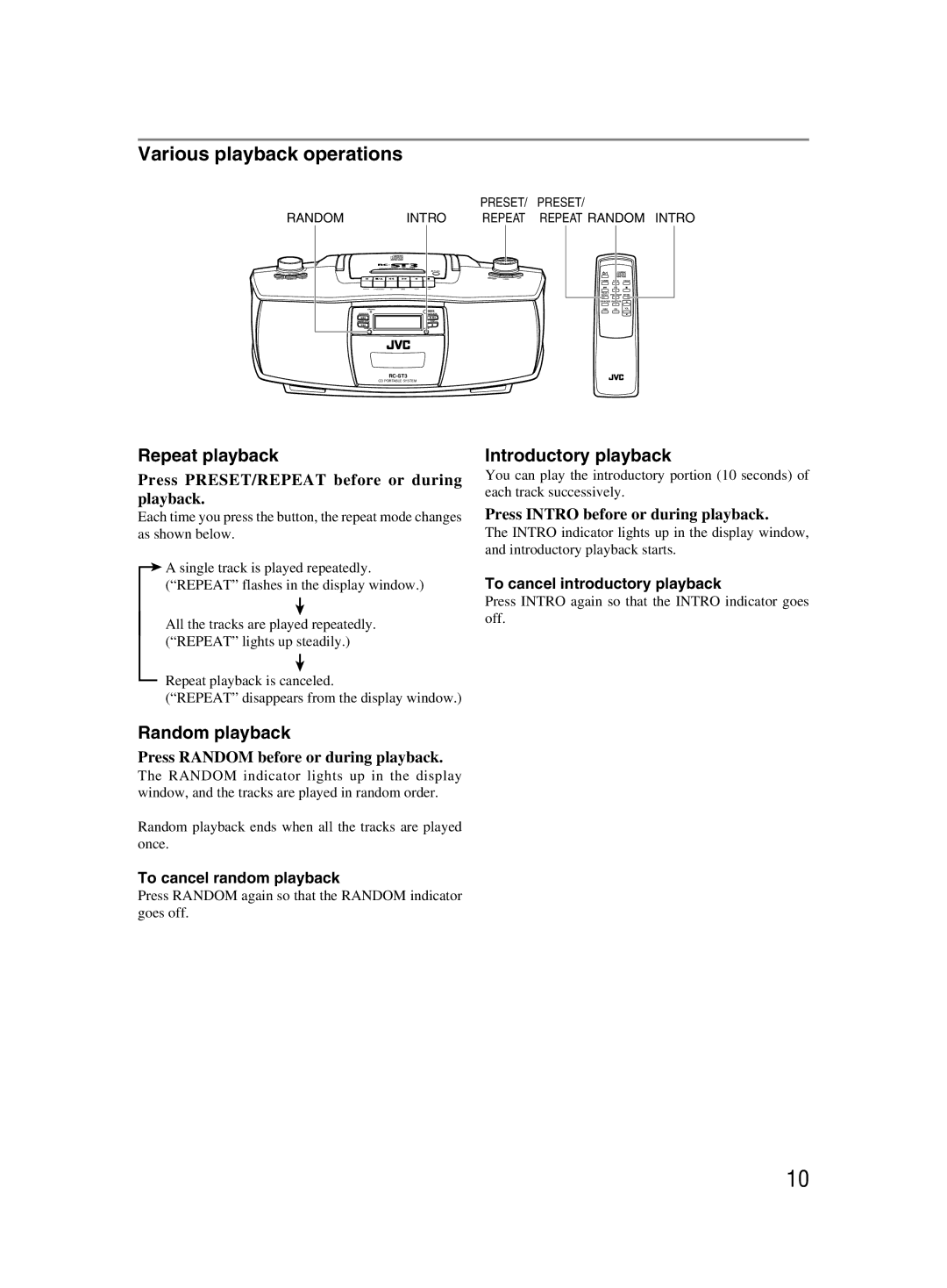 JVC 601-610000-030, LVT1000-004A manual Various playback operations, Repeat playback, Random playback, Introductory playback 