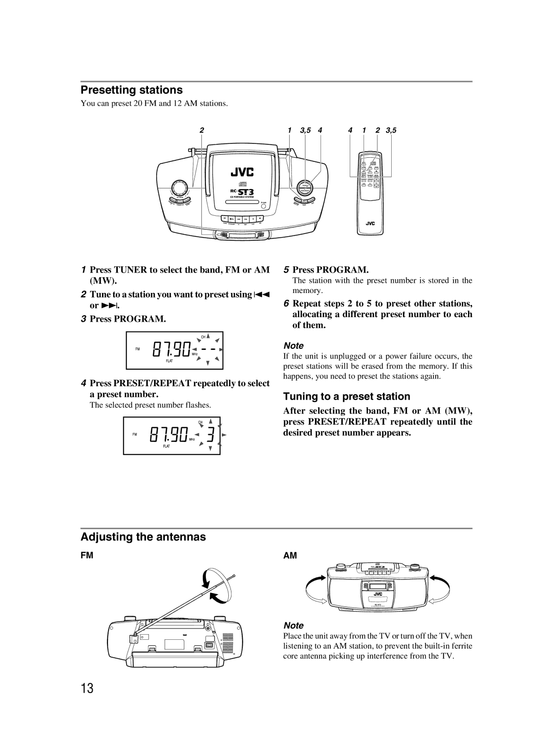 JVC LVT1000-004A, 601-610000-030 manual Presetting stations, Adjusting the antennas, Tuning to a preset station 