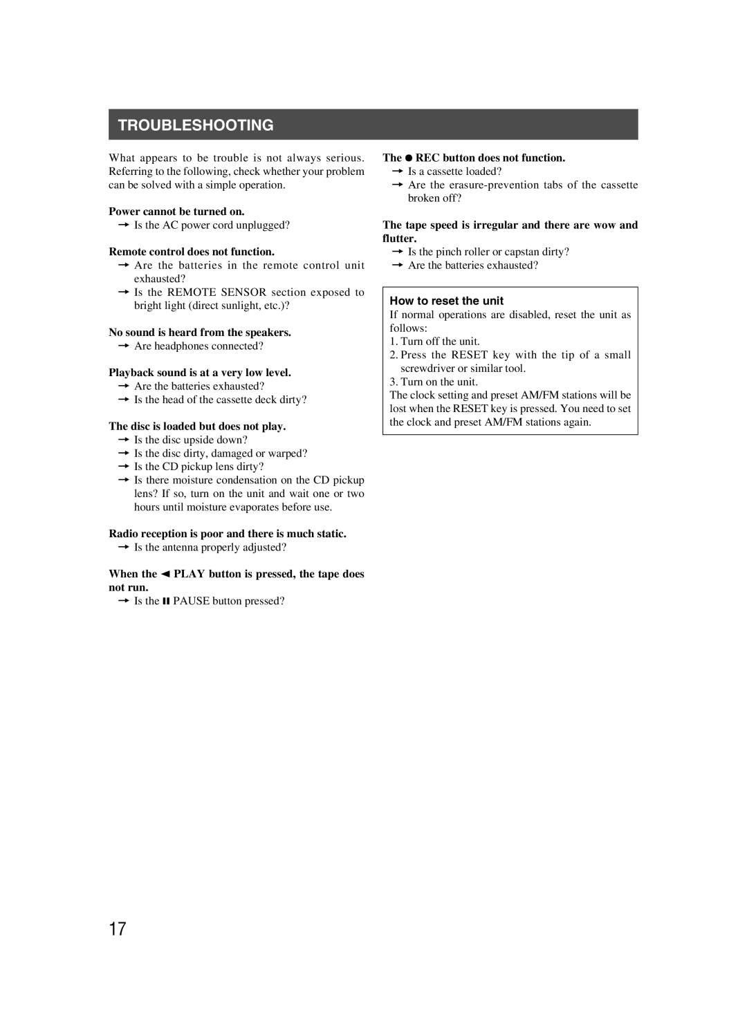 JVC LVT1000-004A, 601-610000-030 manual Troubleshooting, Remote control does not function 