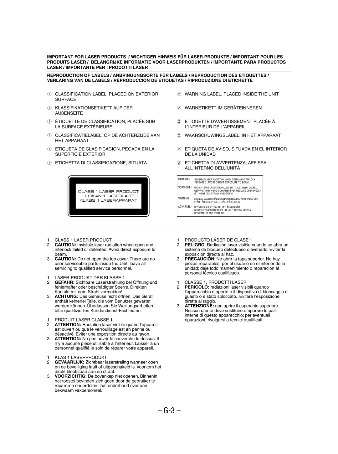 JVC LVT1000-004A, 601-610000-030 manual Class 1 Laser Product LASER-PRODUKT DER Klasse 