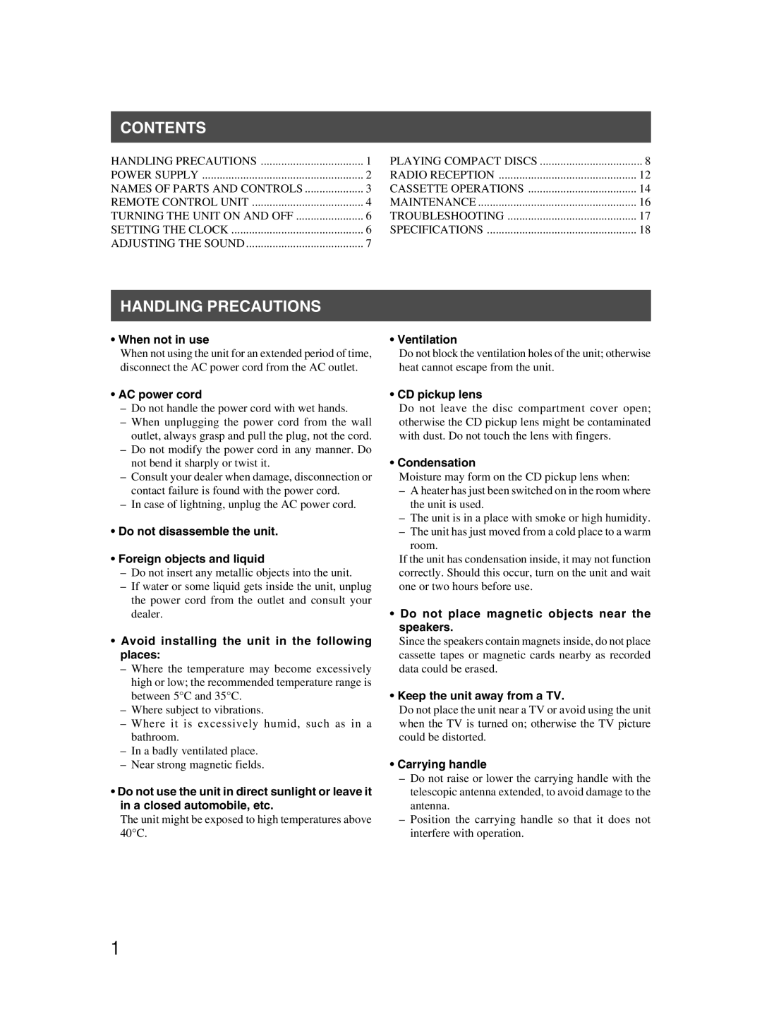 JVC LVT1000-004A, 601-610000-030 manual Contents, Handling Precautions 