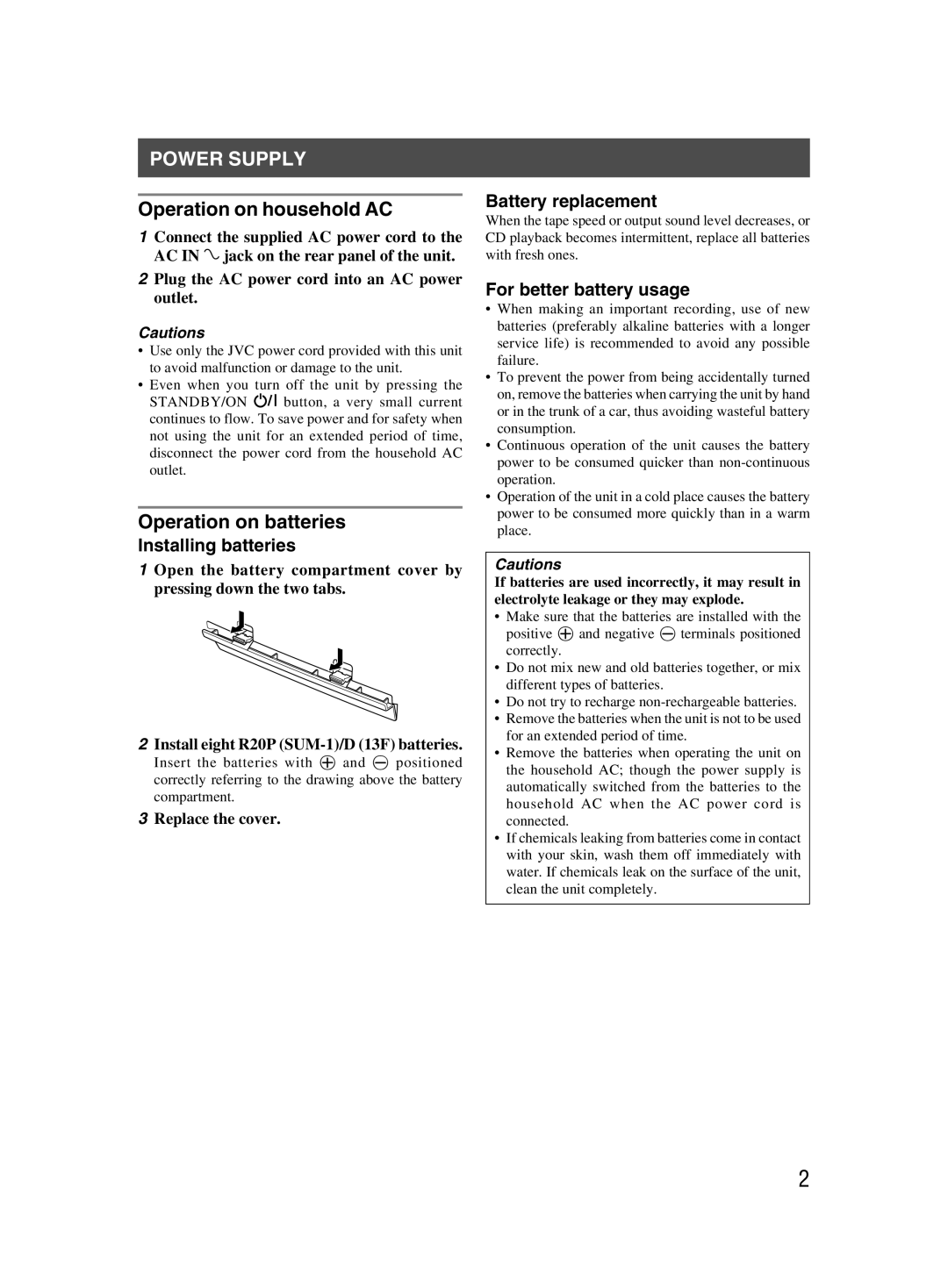 JVC 601-610000-030, LVT1000-004A manual Power Supply, Operation on household AC, Operation on batteries 