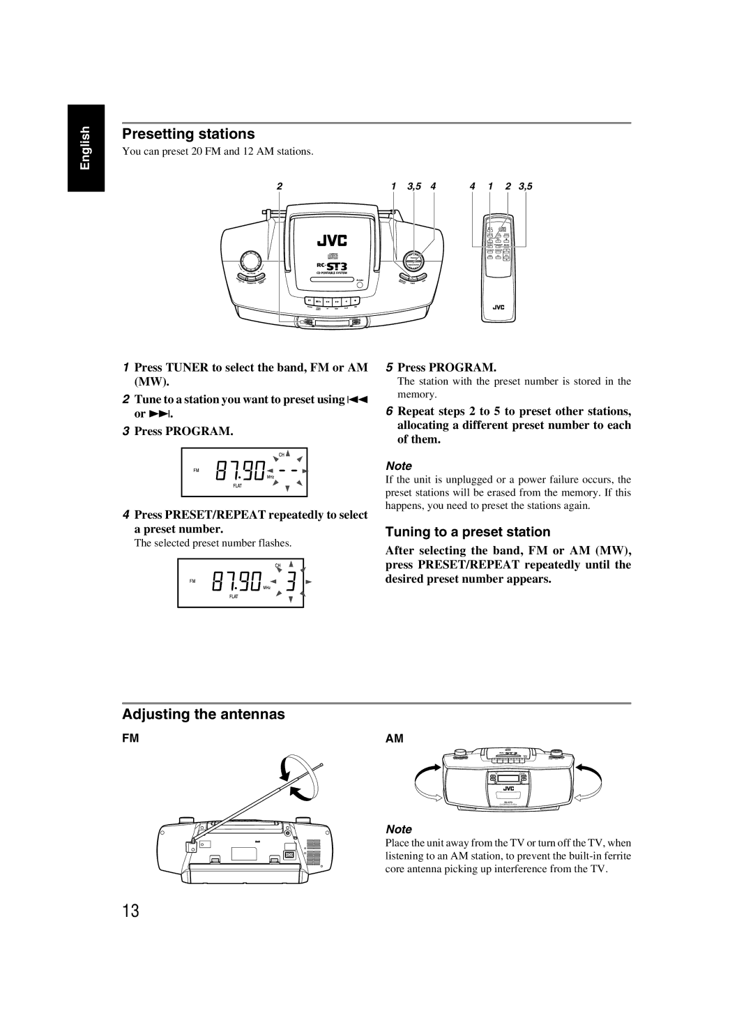 JVC 601-610000-030, LVT1000-004A manual Presetting stations 