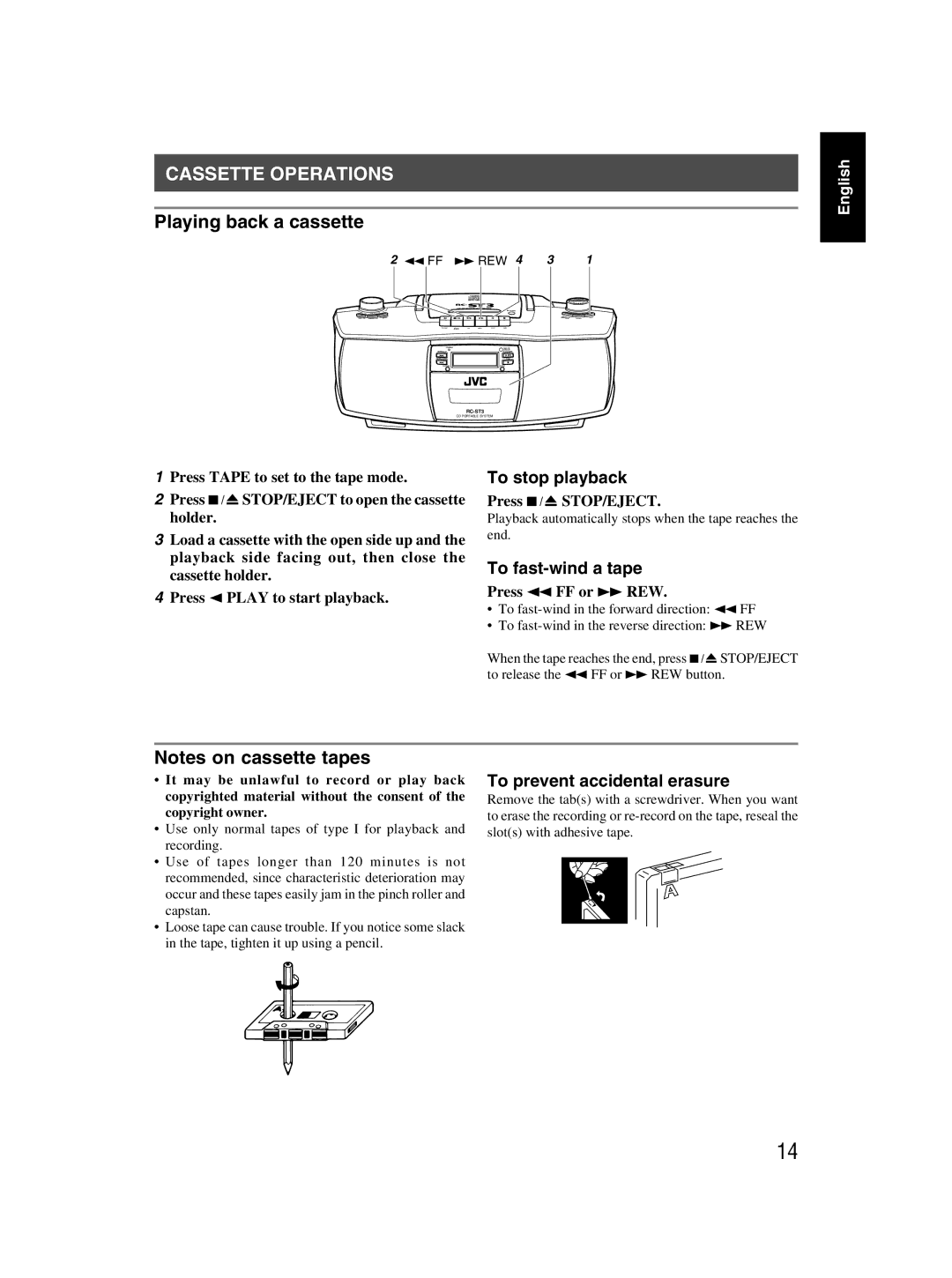 JVC LVT1000-004A, 601-610000-030 manual Cassette Operations 