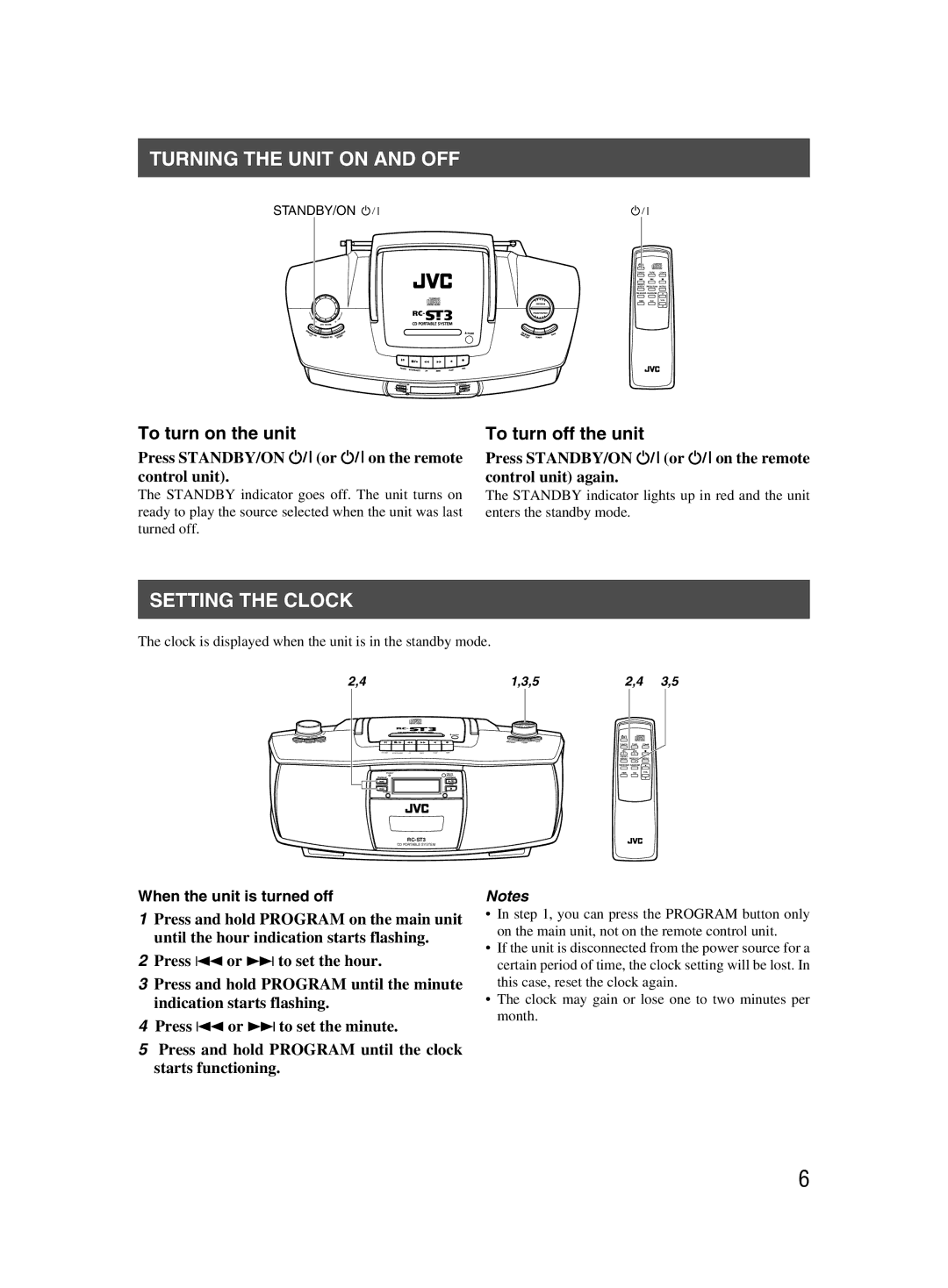 JVC 601-610000-030, LVT1000-004A Turning the Unit on and OFF, Setting the Clock, To turn on the unit To turn off the unit 