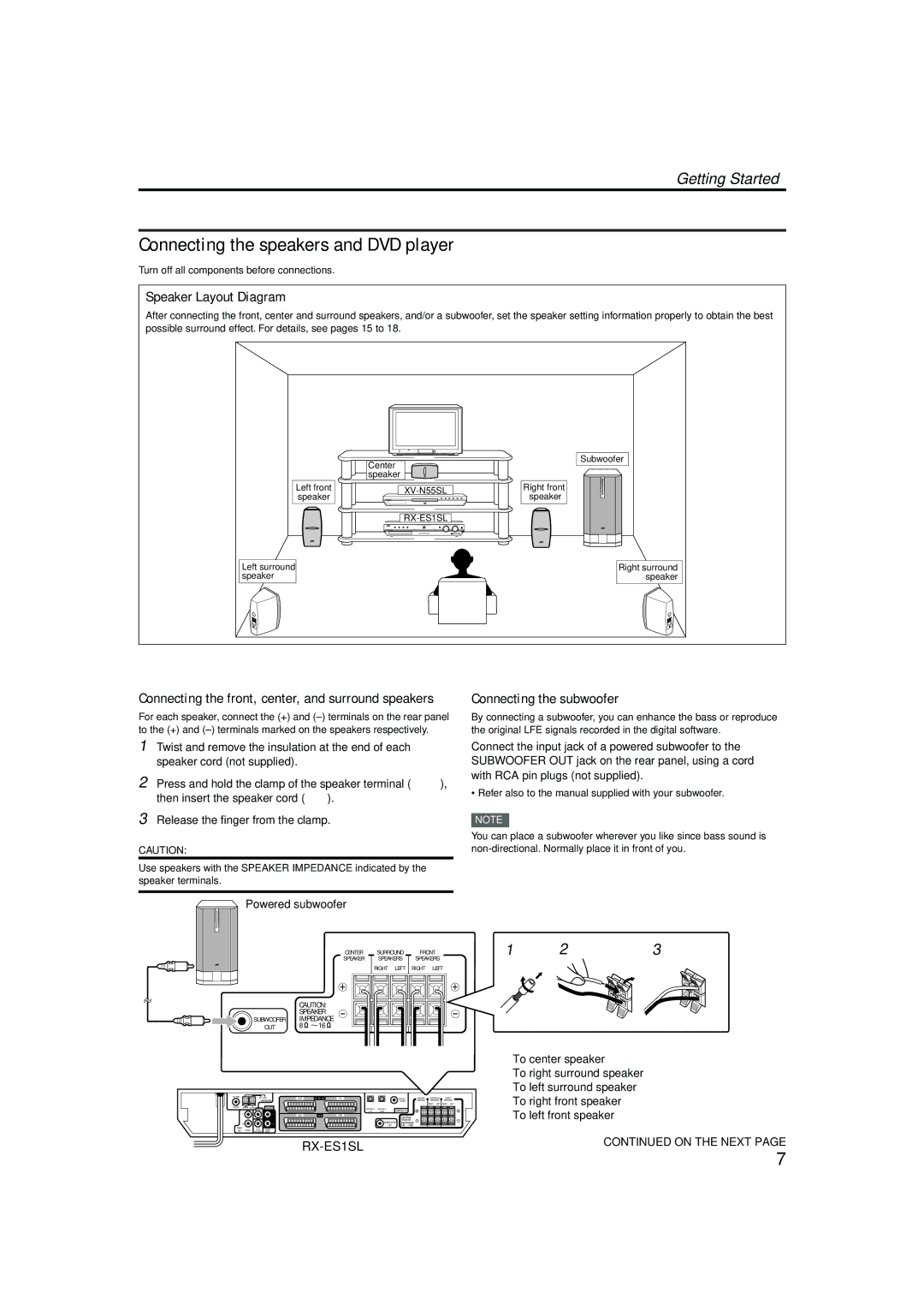 JVC LVT1002-001B manual Connecting the speakers and DVD player, Speaker Layout Diagram, Connecting the subwoofer 