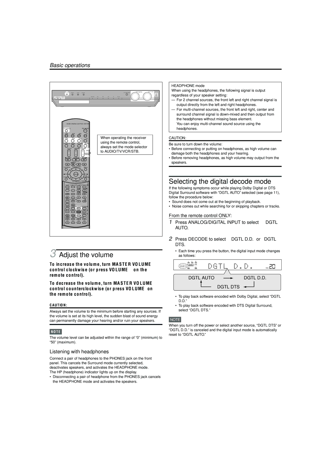 JVC LVT1002-001B manual Adjust the volume, Selecting the digital decode mode, Basic operations, Listening with headphones 