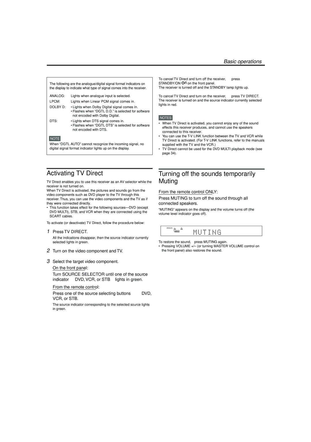 JVC LVT1002-001B manual Activating TV Direct, Turning off the sounds temporarily- Muting, Press TV Direct 