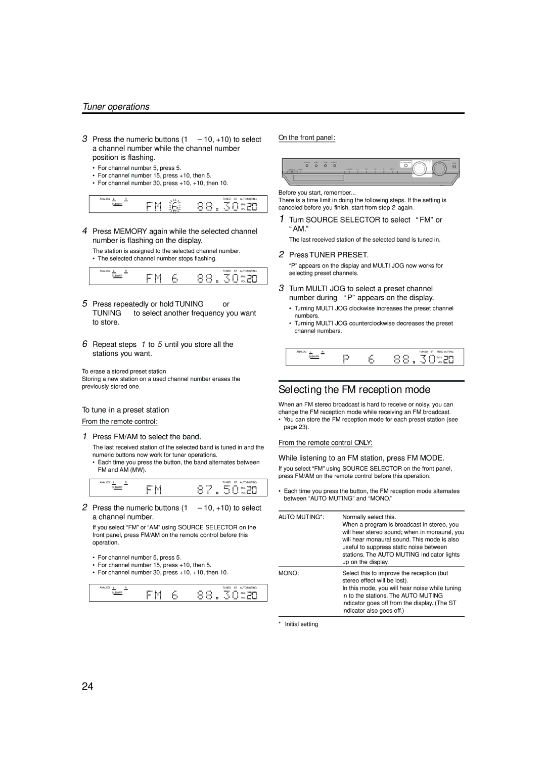 JVC LVT1002-001B manual Selecting the FM reception mode, Tuner operations, To tune in a preset station 