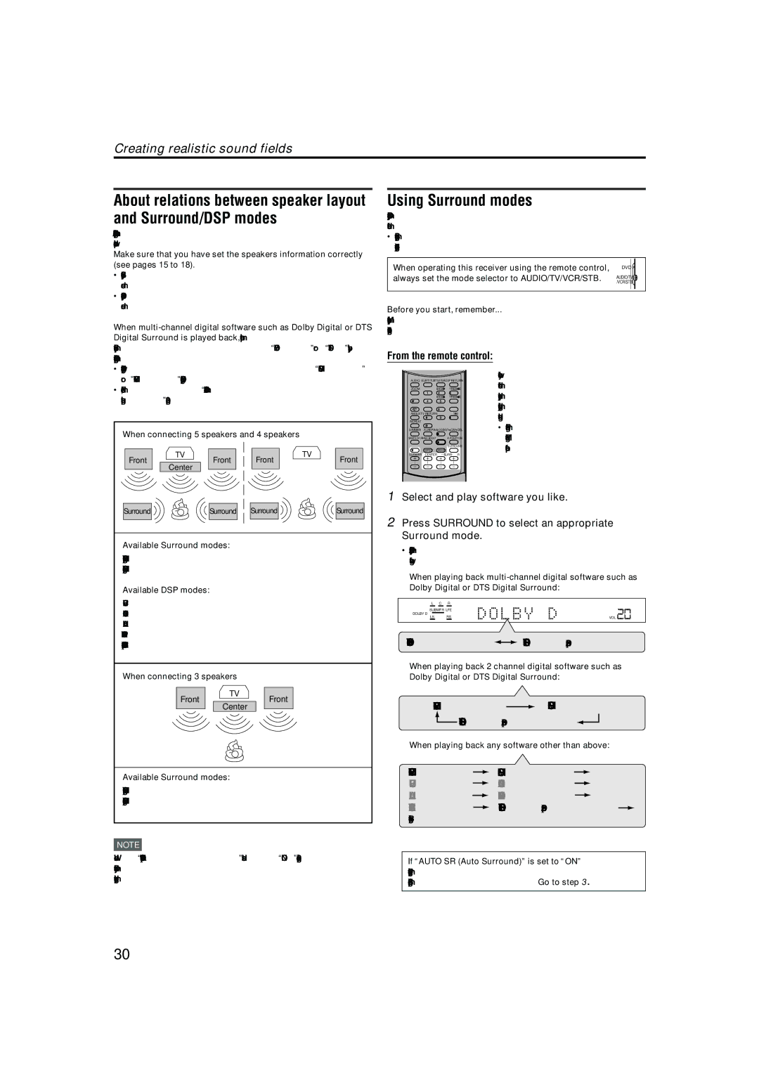 JVC LVT1002-001B manual Using Surround modes, Dolby D or DTS Stereo Surround/DSP off 