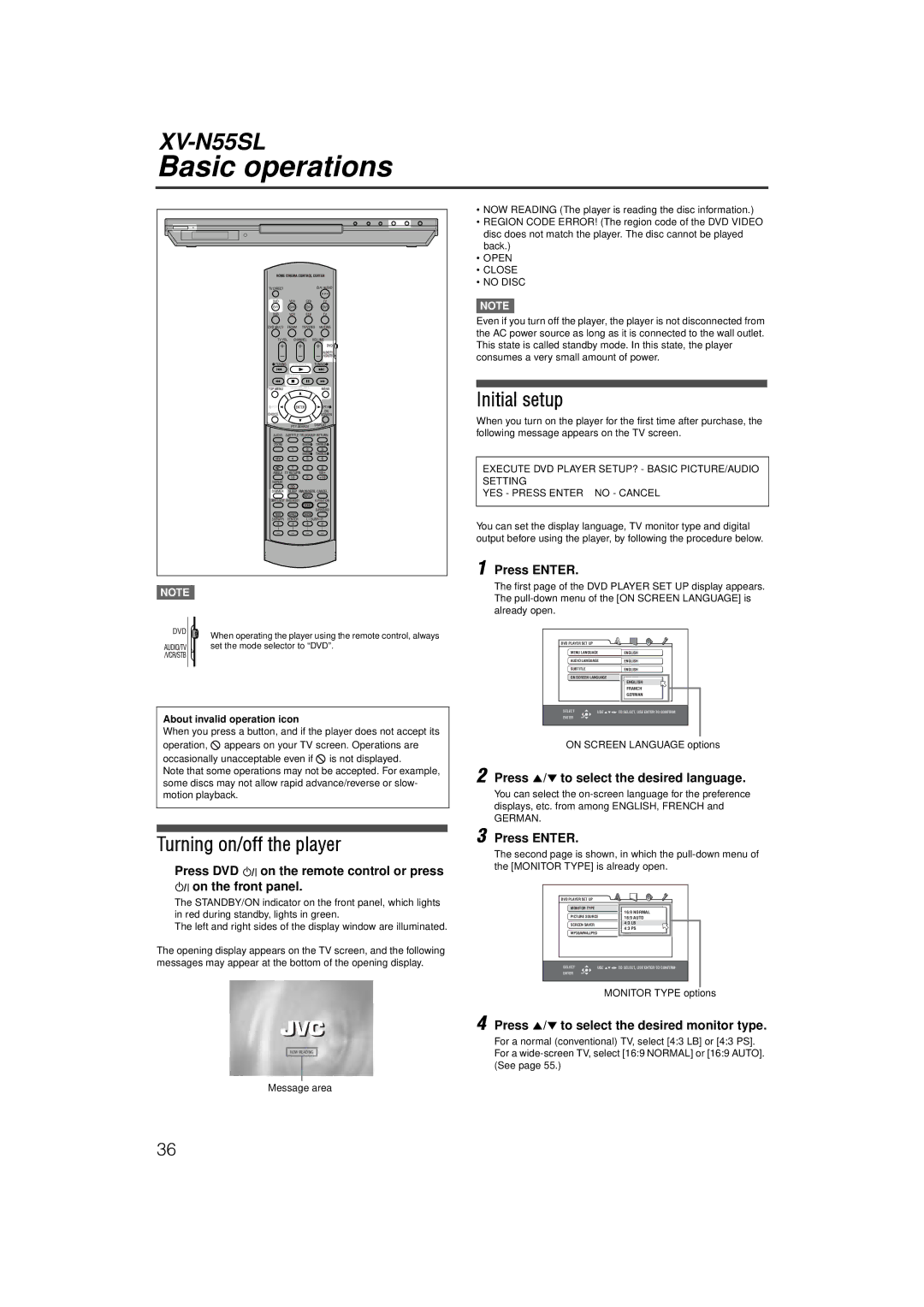 JVC LVT1002-001B manual Turning on/off the player, Initial setup 