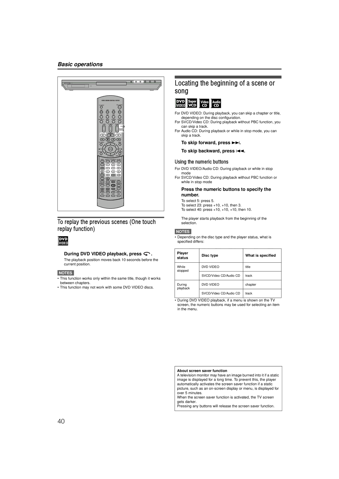 JVC LVT1002-001B manual Locating the beginning of a scene or song, To replay the previous scenes One touch replay function 