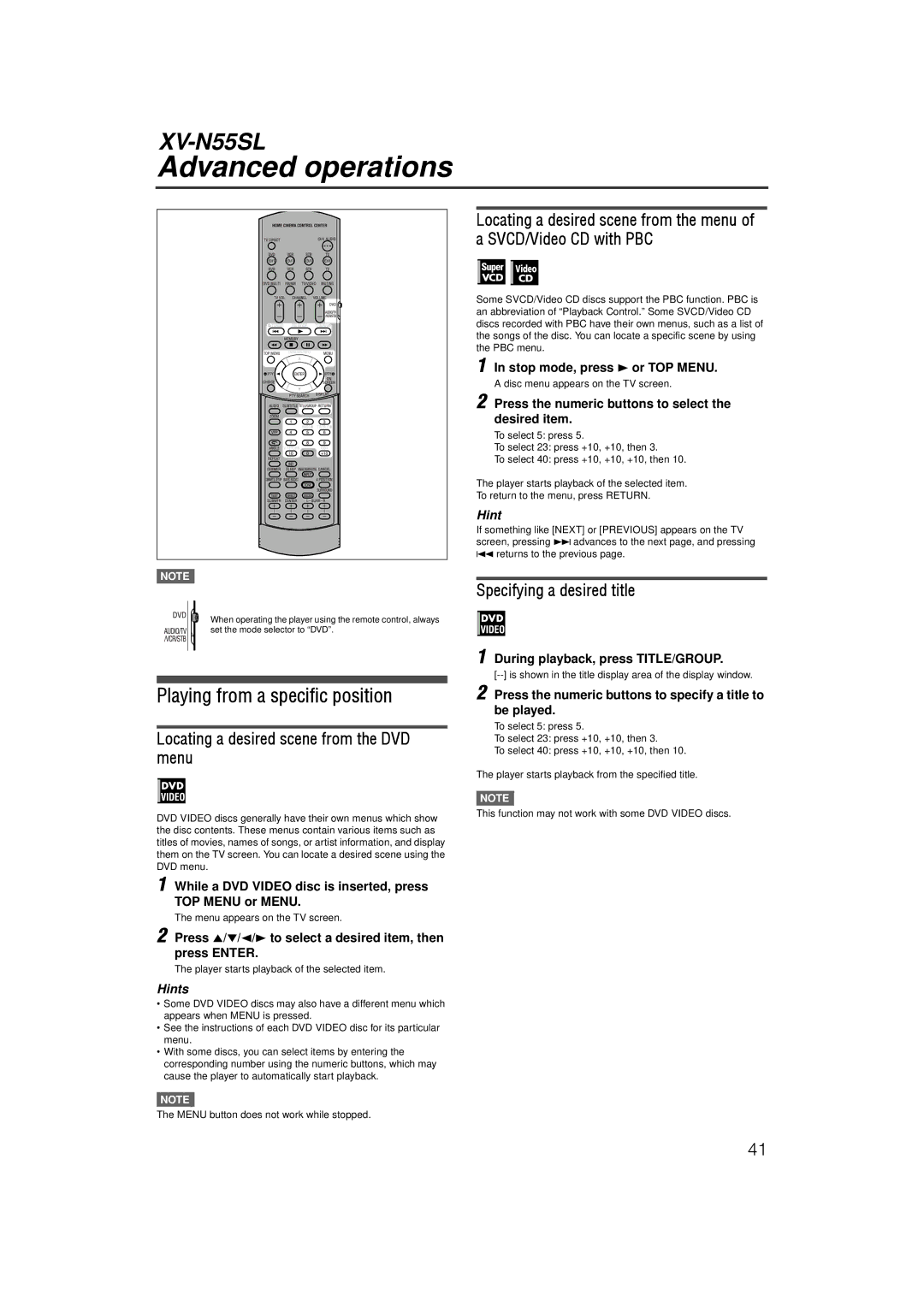 JVC LVT1002-001B manual Advanced operations, Playing from a specific position, Locating a desired scene from the DVD menu 