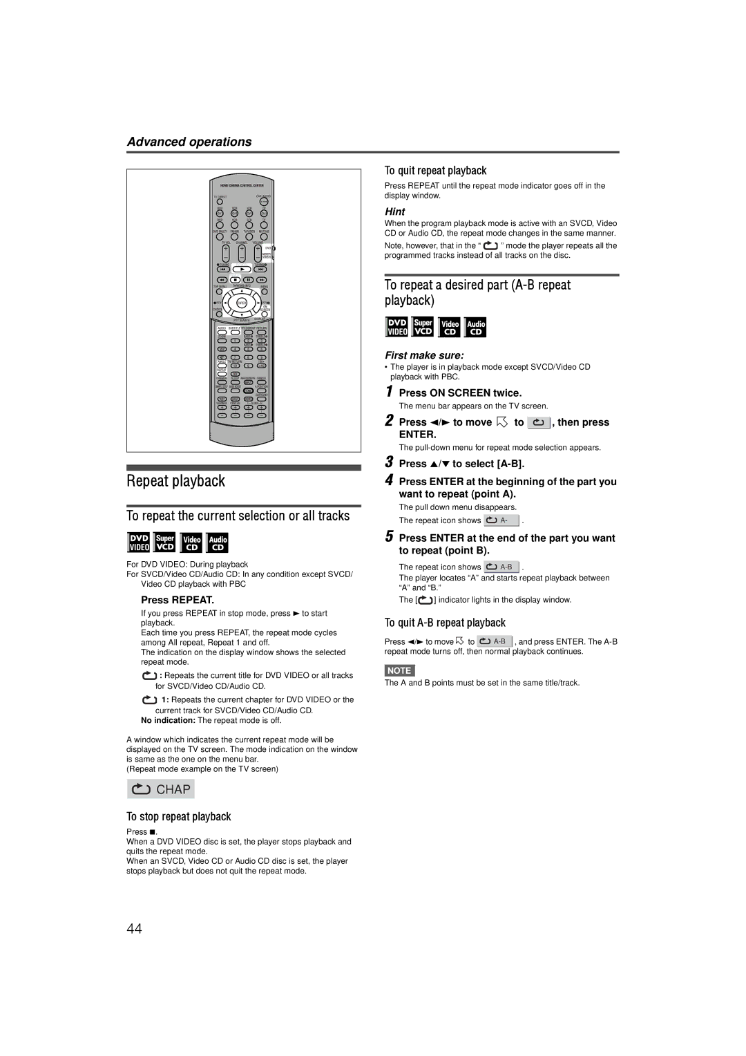 JVC LVT1002-001B manual Repeat playback, To repeat a desired part A-B repeat playback, To stop repeat playback 