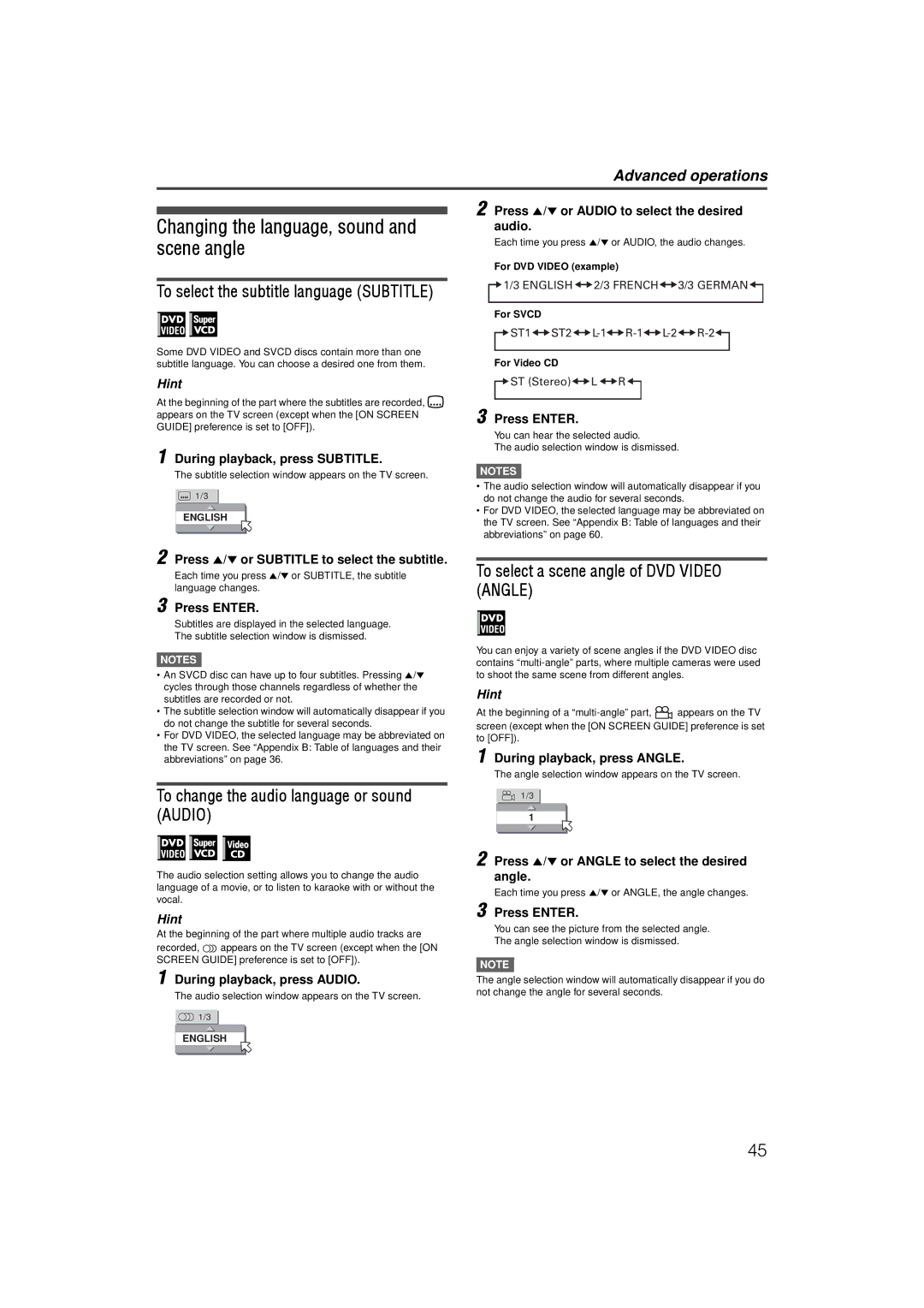 JVC LVT1002-001B manual Changing the language, sound and scene angle, To change the audio language or sound Audio 