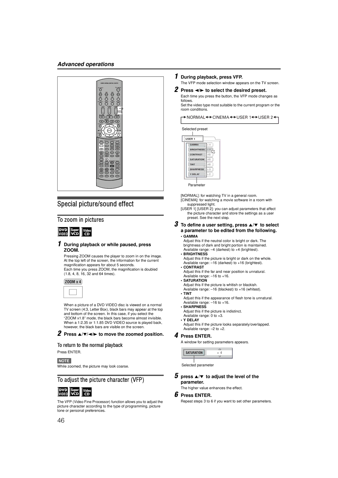 JVC LVT1002-001B manual Special picture/sound effect, To zoom in pictures, To adjust the picture character VFP 