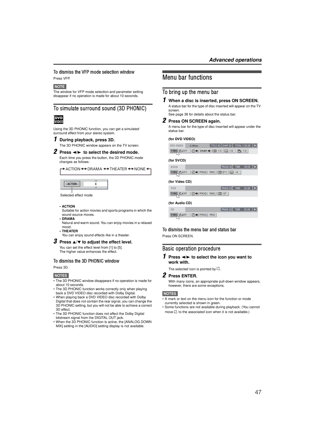 JVC LVT1002-001B manual Menu bar functions, To simulate surround sound 3D Phonic, To bring up the menu bar 