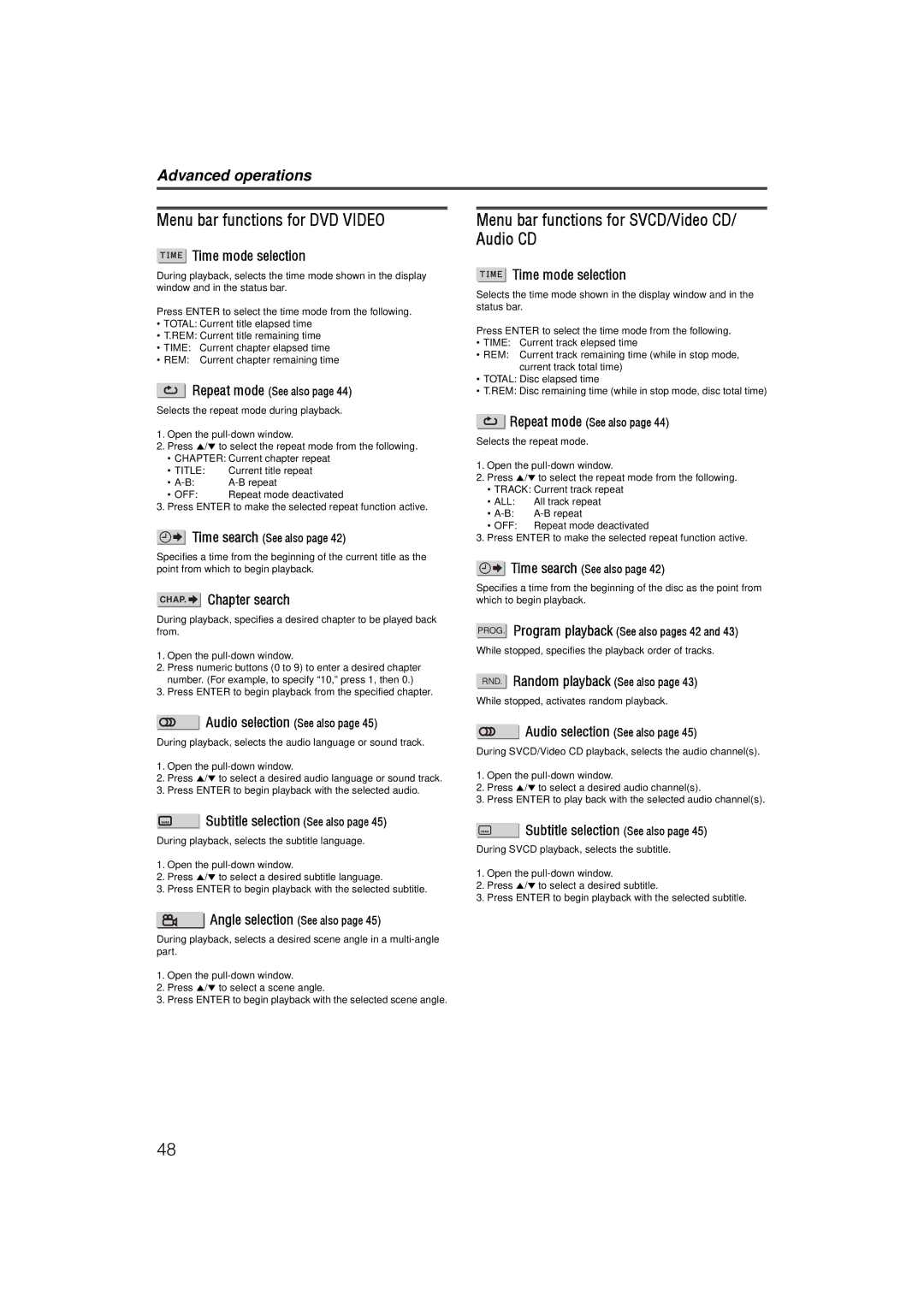 JVC LVT1002-001B Menu bar functions for DVD Video, Menu bar functions for SVCD/Video CD/ Audio CD, Time mode selection 