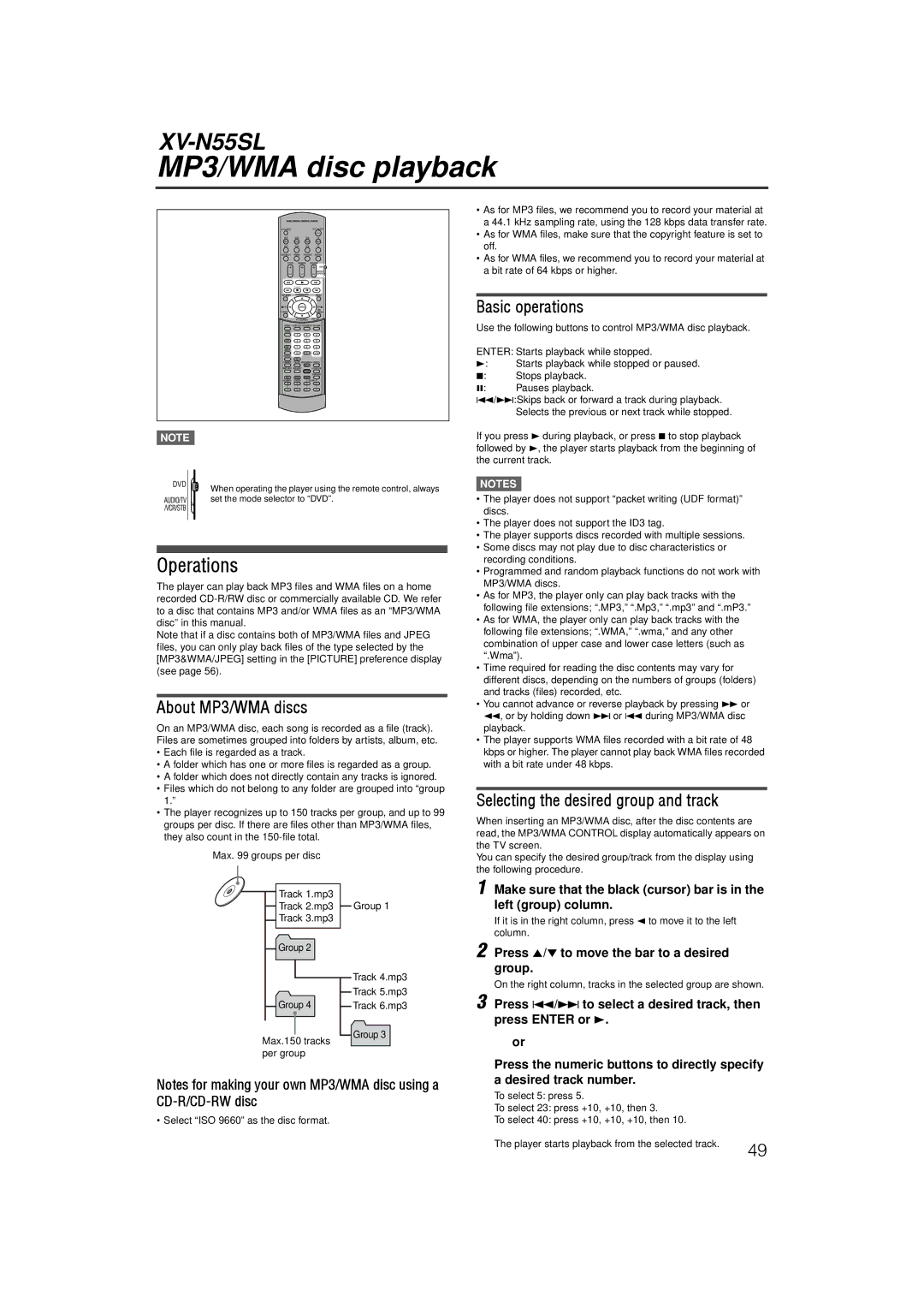 JVC LVT1002-001B manual MP3/WMA disc playback, Operations, About MP3/WMA discs, Basic operations 