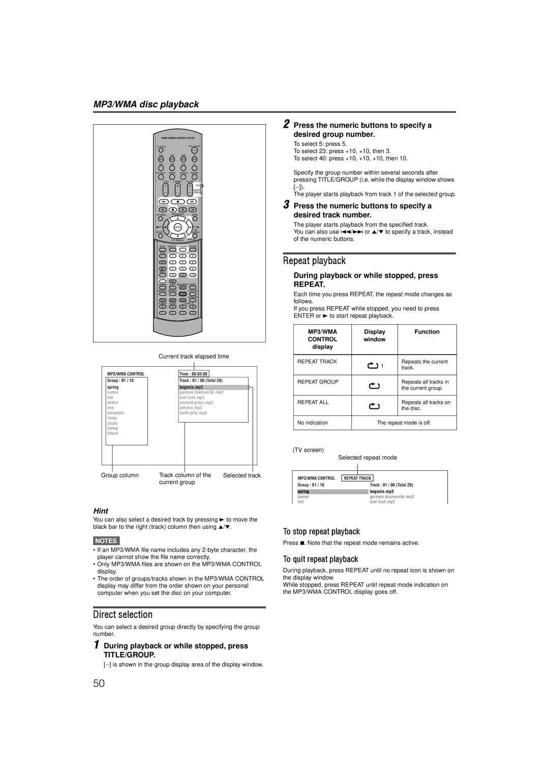 JVC LVT1002-001B manual Repeat playback, Direct selection, MP3/WMA disc playback 