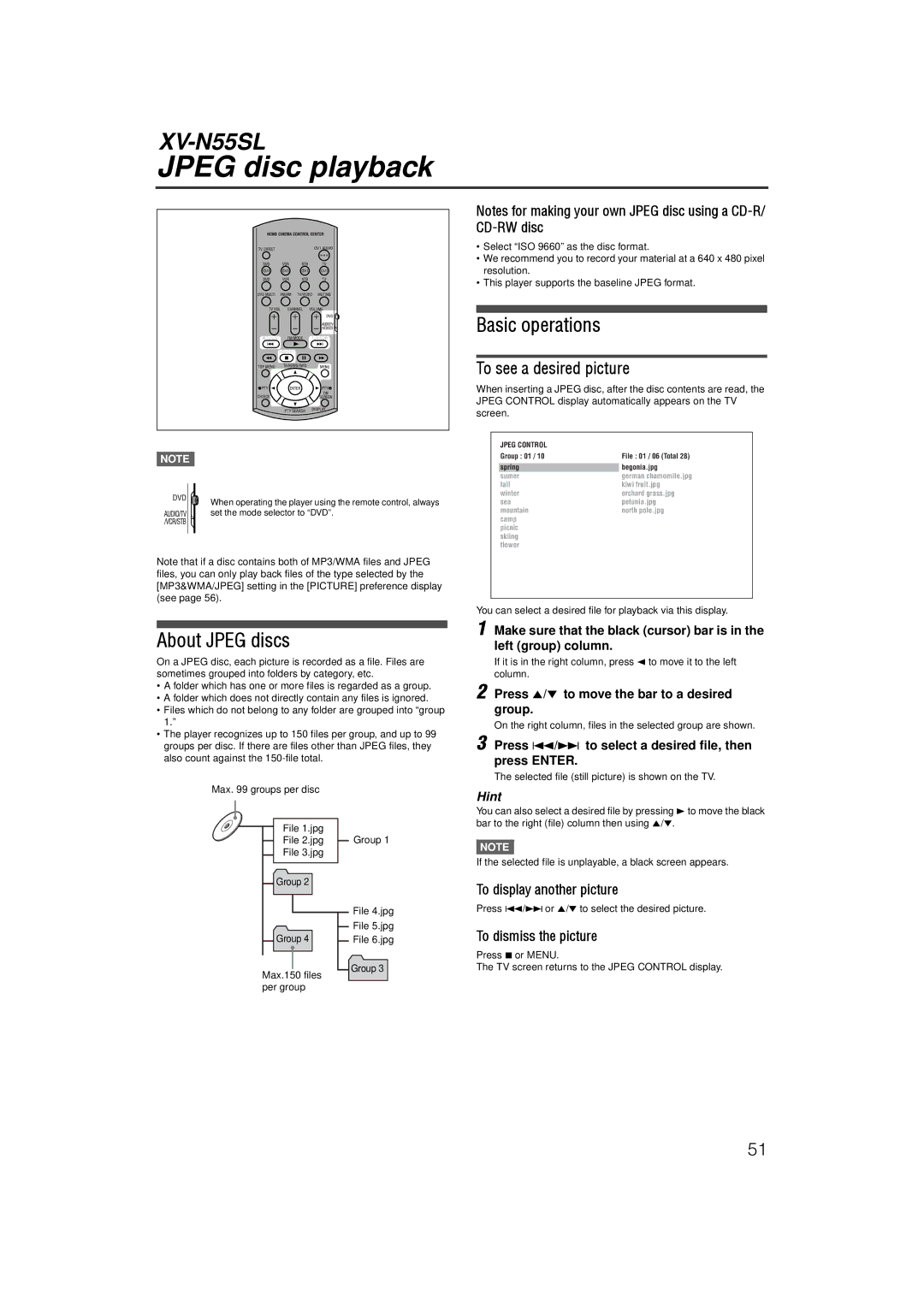 JVC LVT1002-001B manual Jpeg disc playback, About Jpeg discs, Basic operations, To see a desired picture 