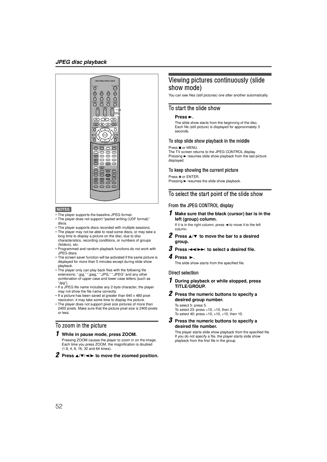 JVC LVT1002-001B manual Viewing pictures continuously slide show mode, To zoom in the picture, To start the slide show 