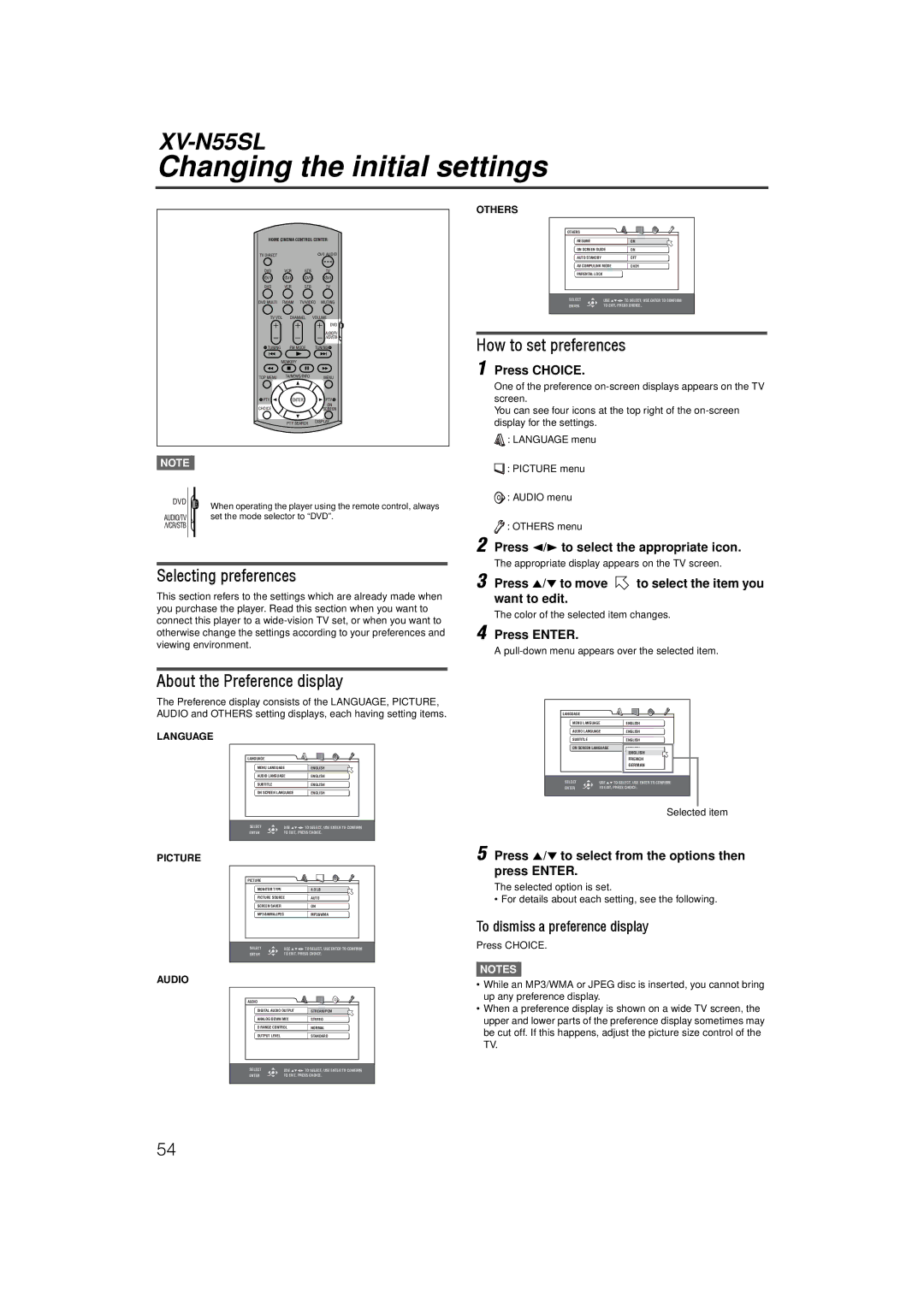 JVC LVT1002-001B manual Changing the initial settings, Selecting preferences, How to set preferences 