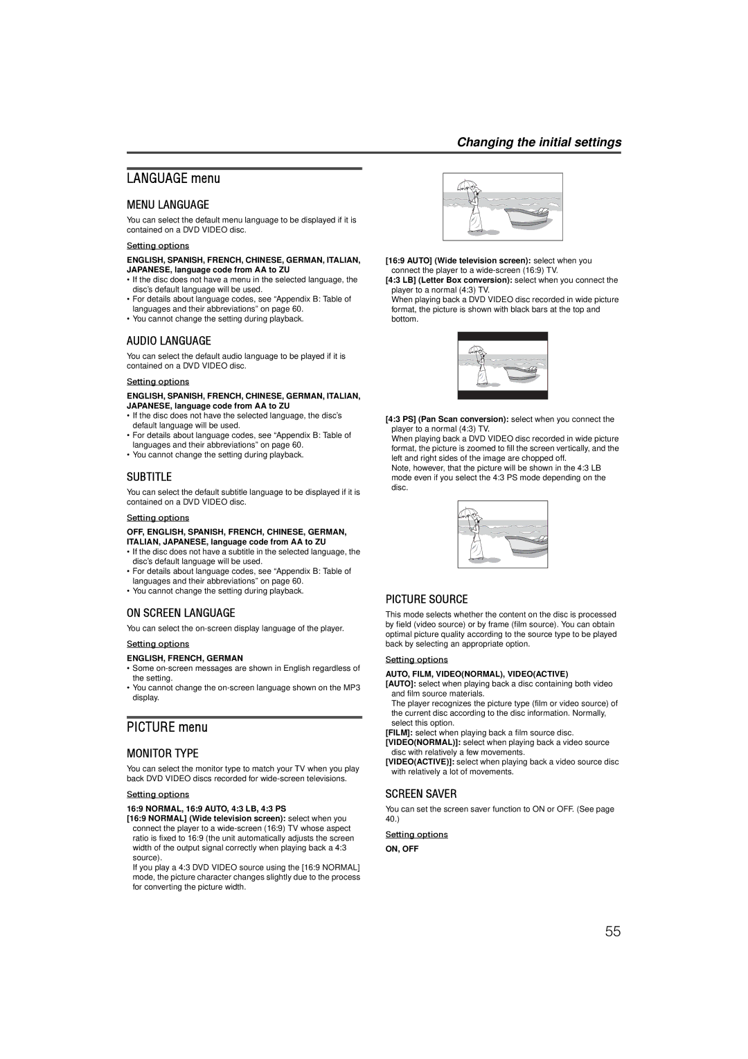 JVC LVT1002-001B manual Language menu, Picture menu, Changing the initial settings 