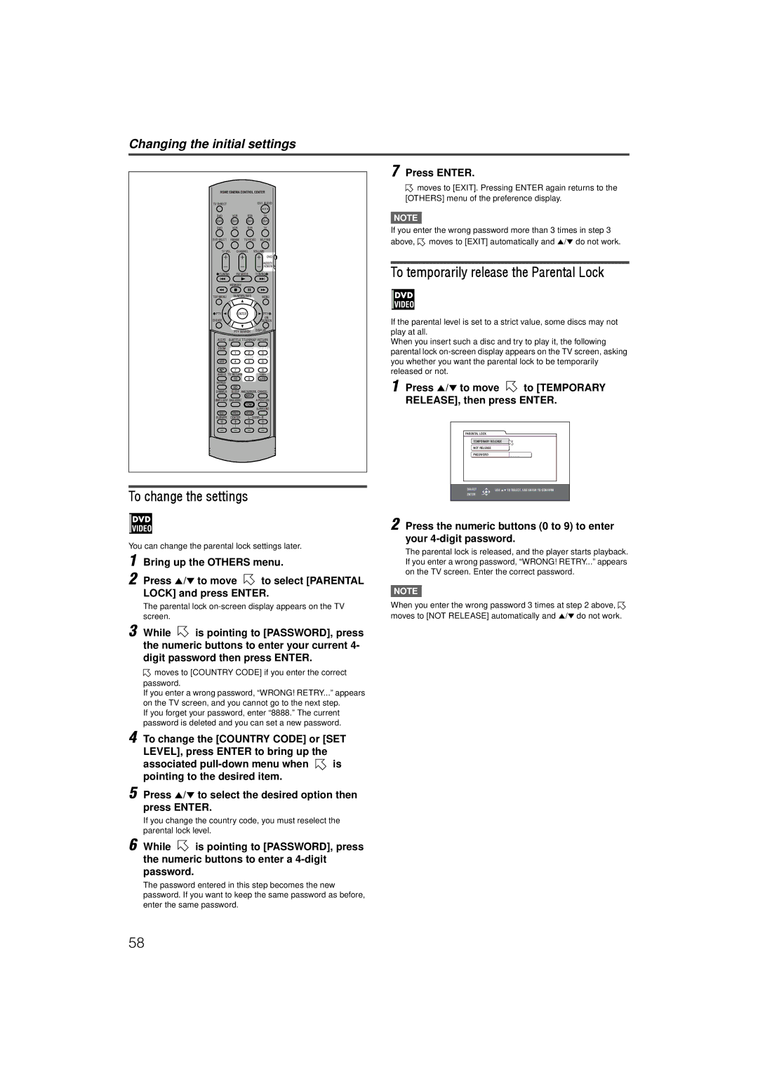 JVC LVT1002-001B manual To change the settings, To temporarily release the Parental Lock 