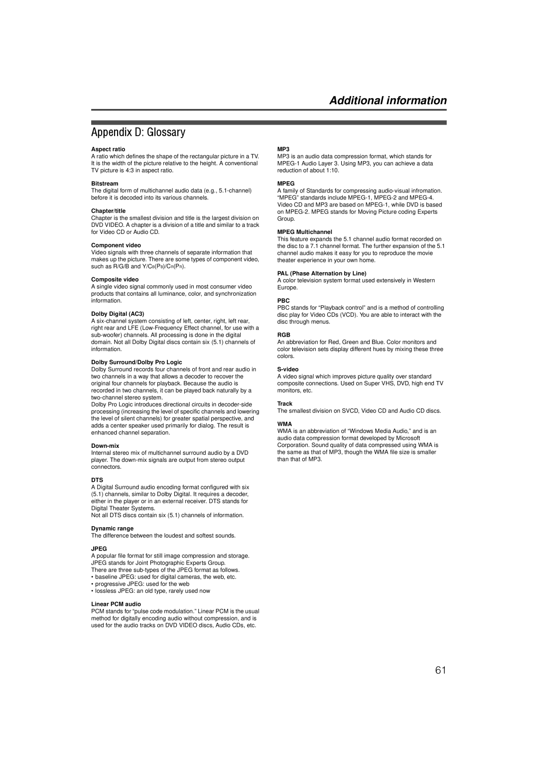 JVC LVT1002-001B manual Appendix D Glossary 