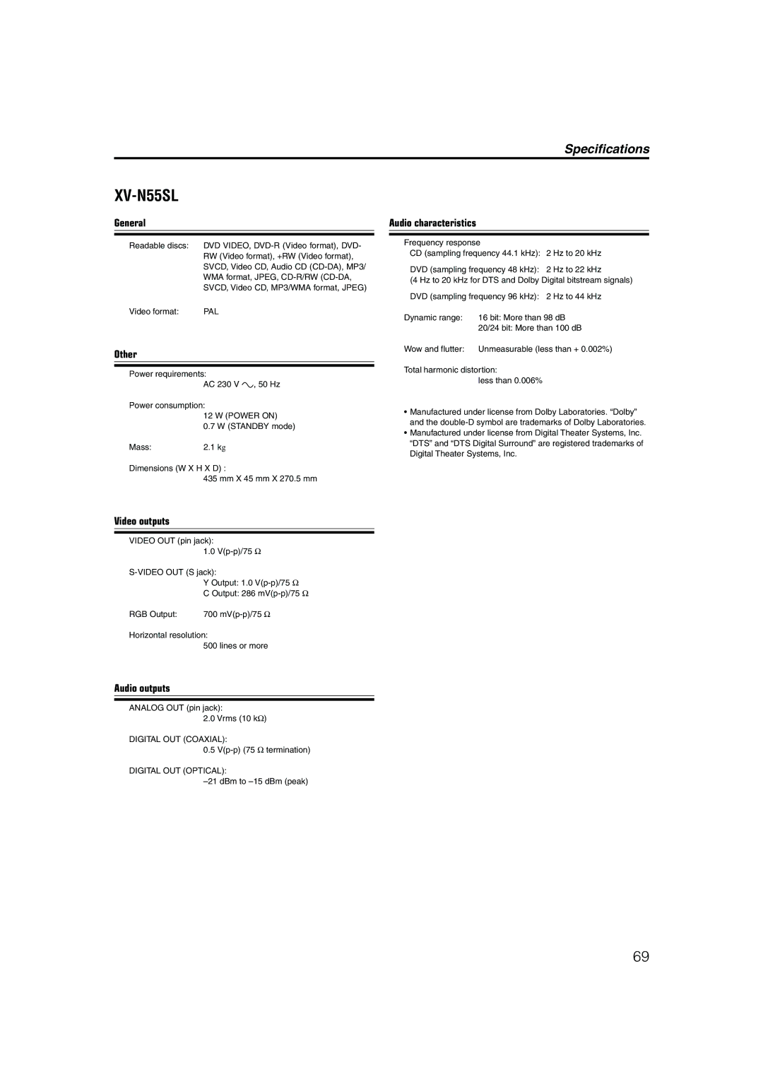 JVC LVT1002-001B manual Specifications, Other, Video outputs, Audio outputs, Audio characteristics 